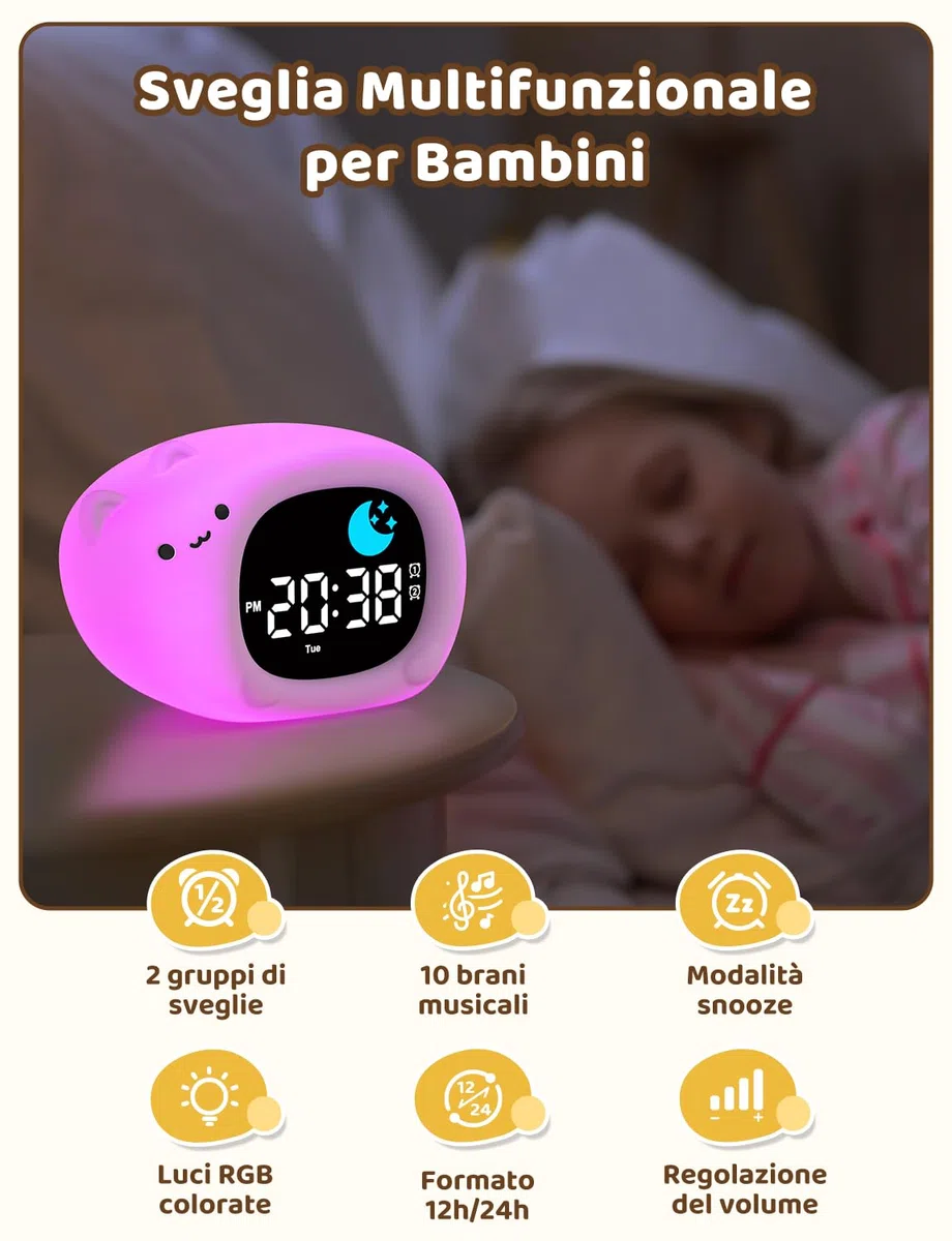 YISSVIC Sveglia Bambino Educativo Giorno Notte 2 Allarmi 12/24 Ora Snooze 10 Canzoni Luminosità dello Schermo Regolabile Sveglia Luminosa 7 Colori Spegnimento Automatico, Forma di Gatto