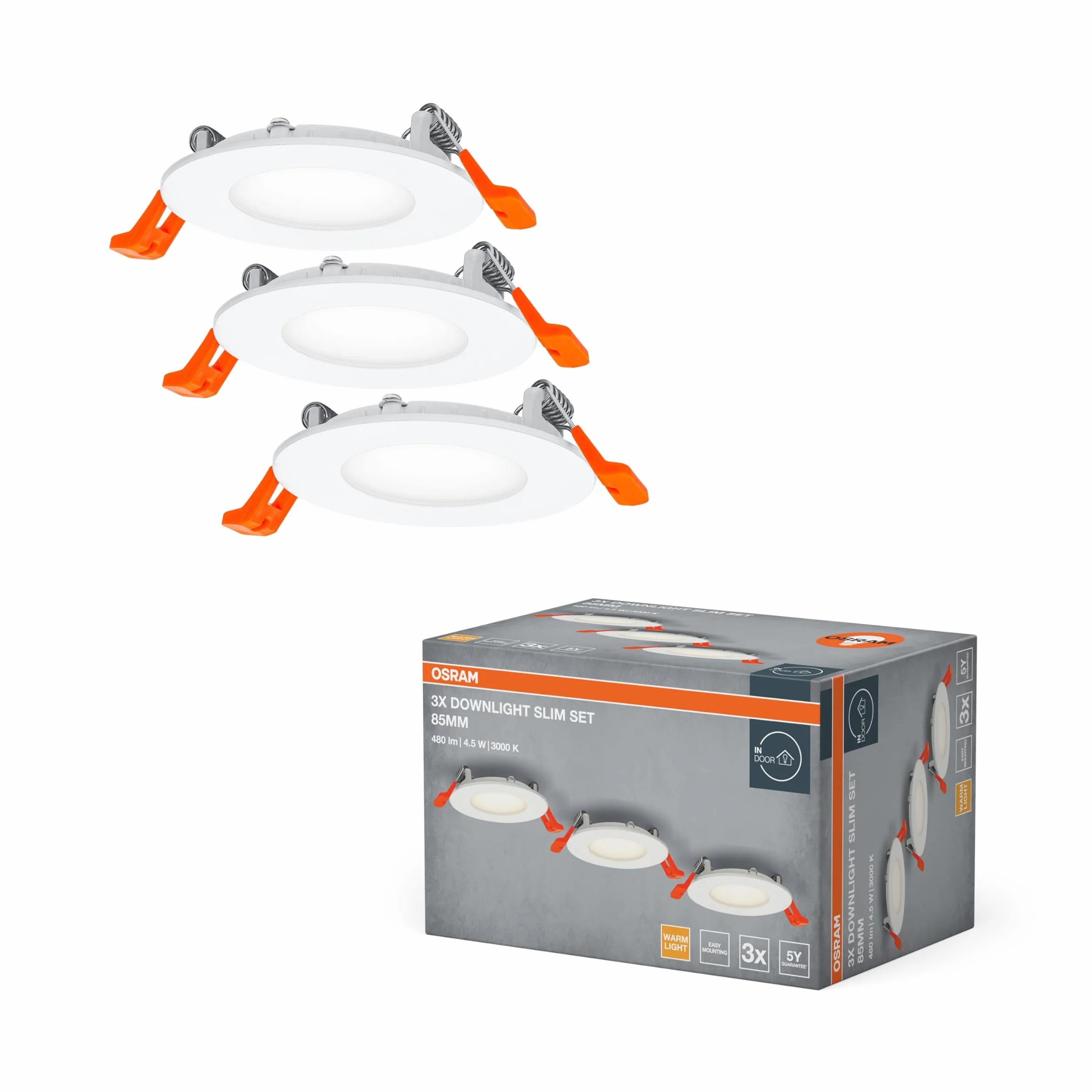 OSRAM Set di faretti ad incasso con driver integrato, 3x85mm 3000K bianco, in plastica, protezione IP20 per applicazioni in interni, accessori di montaggio inclusi