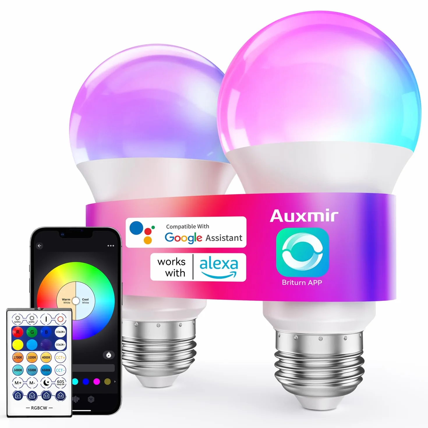 Auxmir Lampadina Alexa E27 Intelligente, Lampadine Smart LED Dimmerabile Multicolore RGB e 100+ Modalità, 10W 800 LM Compatibile con App, Alexa e Google Home, Controllo Remoto, 2 Pezzi