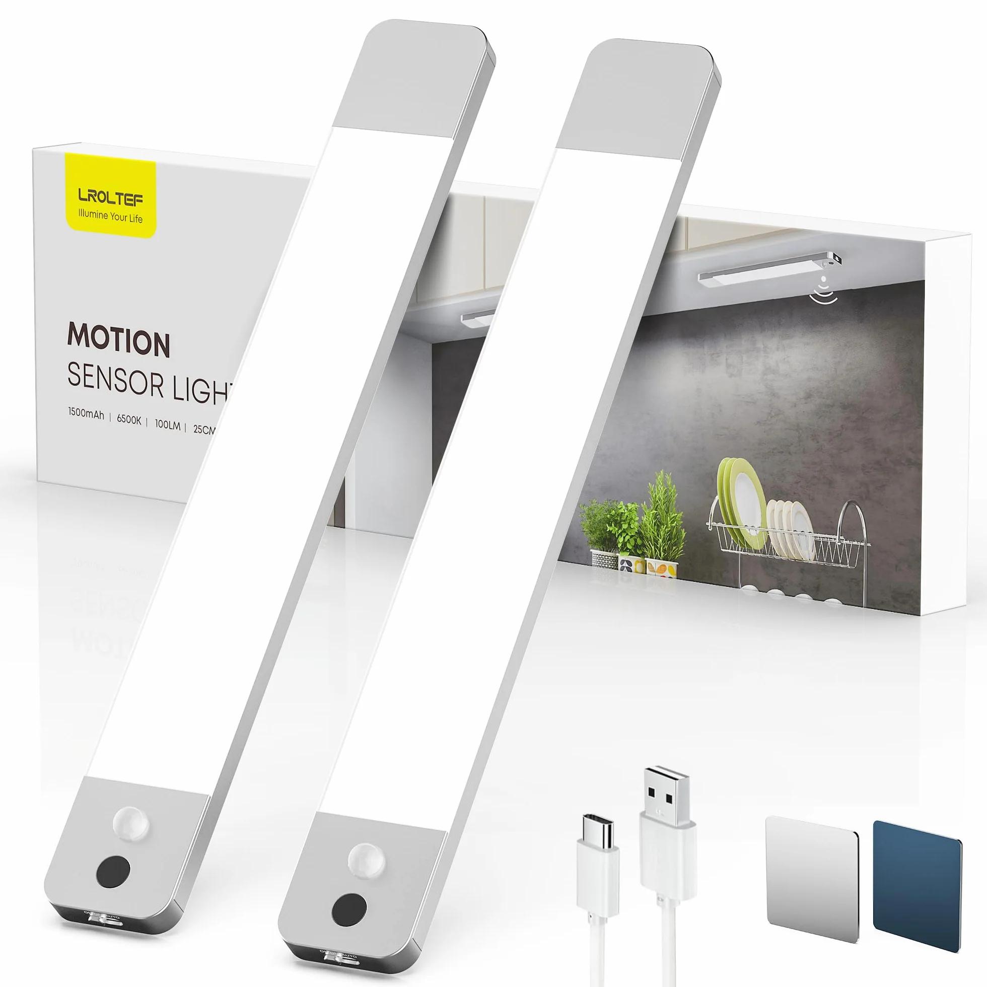 LROLTEF Luce LED Sottopensile Cucina - 25CM 1500mAh Luci con Sensore di Spostamento Manuale & Sensore di Movimento - Armadio Lampada Dimmerabile per Cucina Scale Soggiorno Camere da Letto | 2 Pezzi