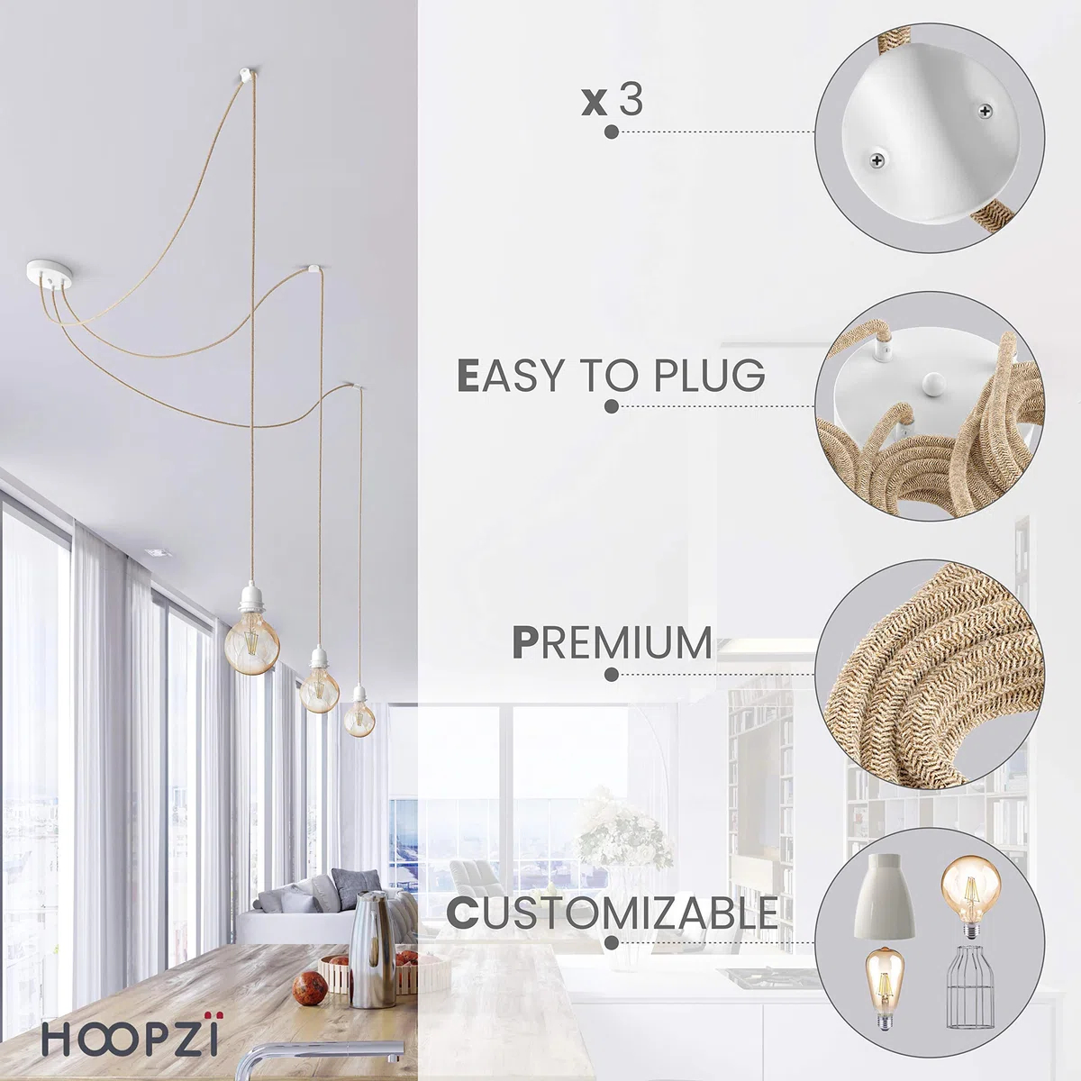 Hoopzi - Hang 3 - Lampadario a Sospensione - 2,5 Metri - Cavo Elettrico Tessuto - 3 X Portalampada E27 - Per Camera da Letto, Soggiorno, Cucina - Corda e bianco