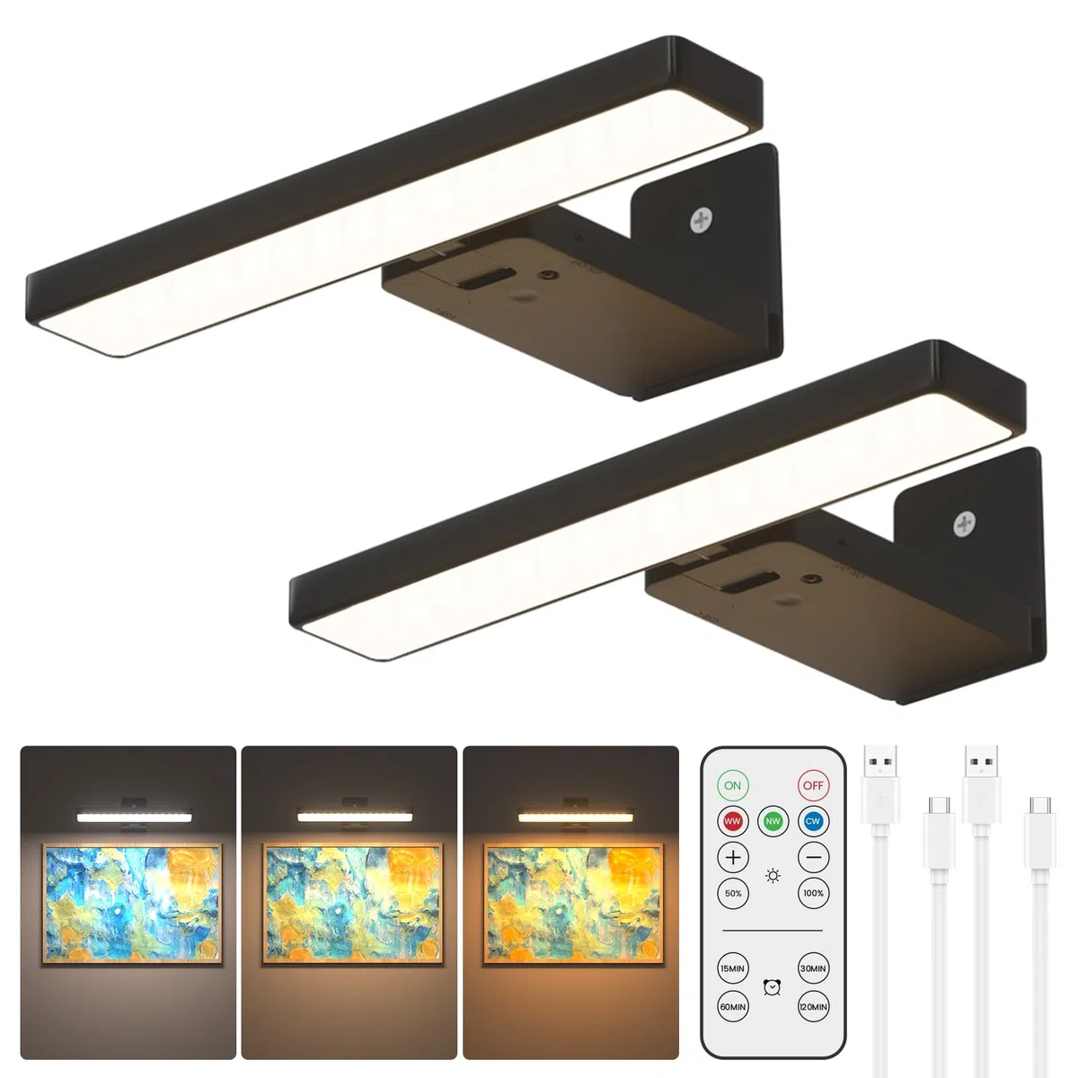 Luce per Quadri Senza Fili, Lampada da Parete Ricaricabile con Telecomando, 3 Temperature di Colore, 10 Livelli di Luminosità Regolabile, Timer, per Dipinti, Specchio e Freccette
