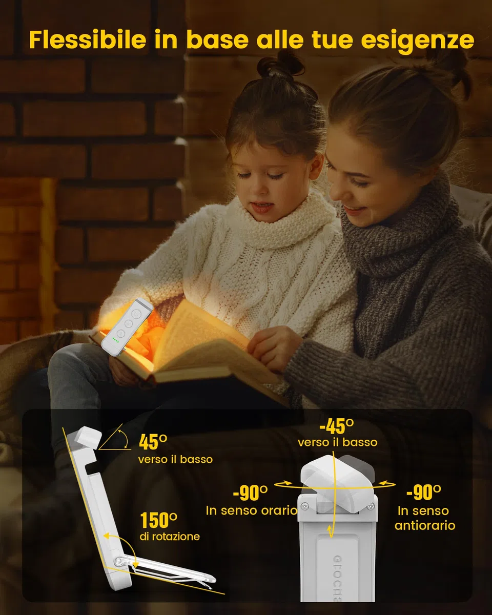 Glocusent Luce per Lettura Libri a Letto, Luce da Lettura a LED portatile con clip, 3 Colori ambra e 5 Luminosità regolabili, Lampada Lettura ricaricabile USB, perfetta per Amanti dei Libri