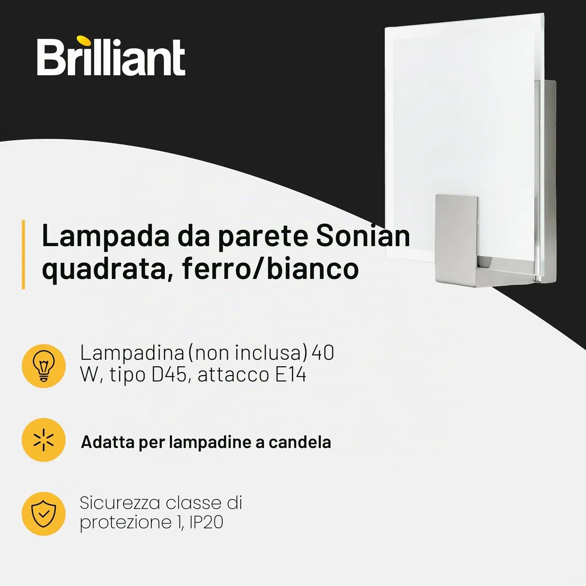 BRILLIANT lampada Sonian applique quadrato ferro/bianco | 1x C35, E14, 40W, adatto per lampade a candela (non incluse) | Scala da A ++ a E | Adatto per lampade a LED
