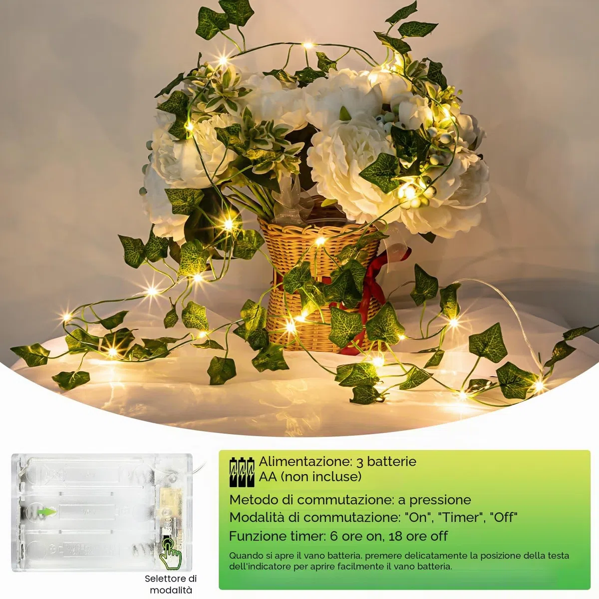 A.bigwhale Stringa luminosa con foglie, 6m 60LED edera ghirlanda luminosa, verde artificiale foglia edera vite con luce, primavera piante decorazione per muro matrimonio festa giardino festival