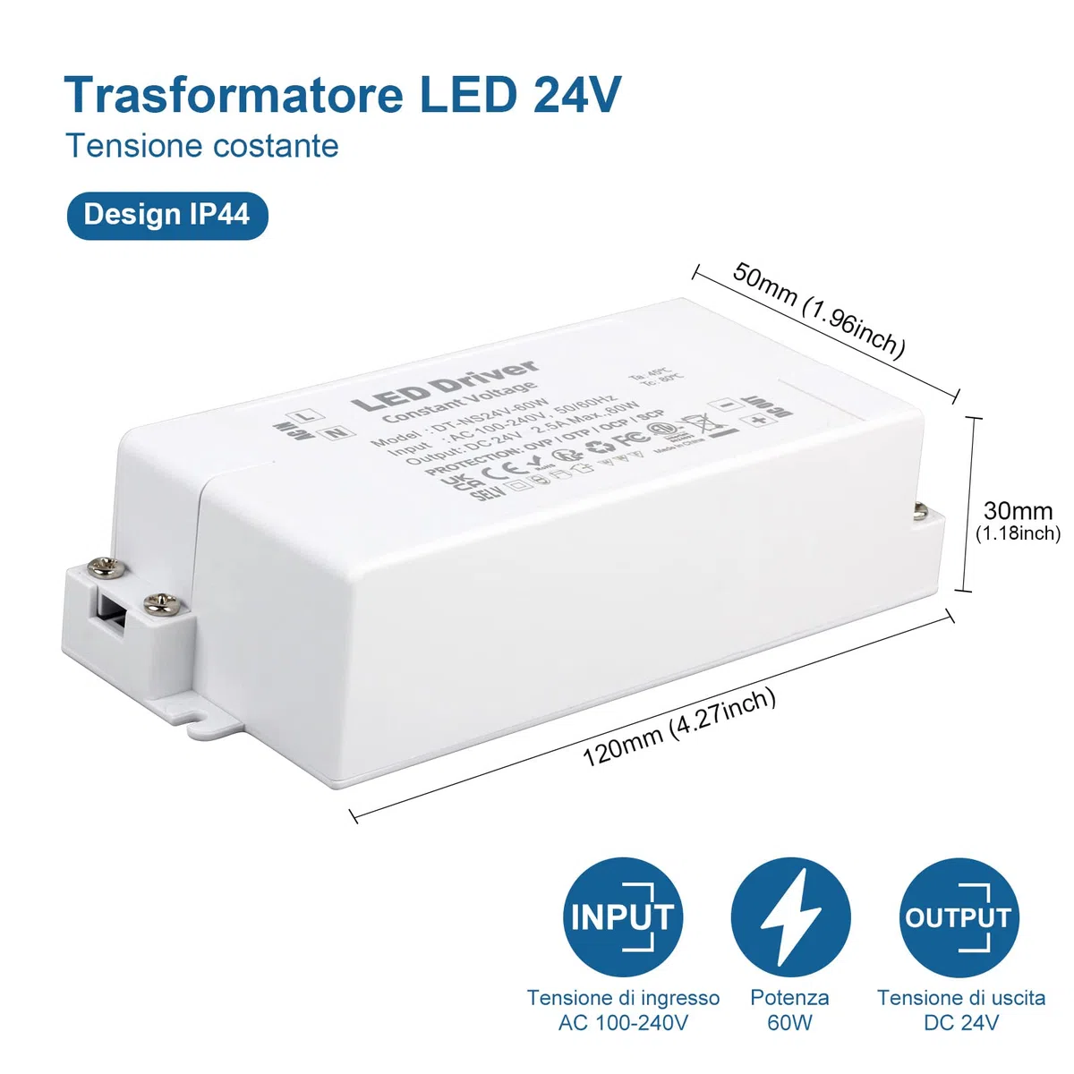 Trasformatore LED 24V 60W, 220 24V DC 2.5A Alimentatore, Bassa Tensione Costante Driver per Strisce, Luci per Armadi e G4, MR11, MR16 Lampadina (Confezione da 1)