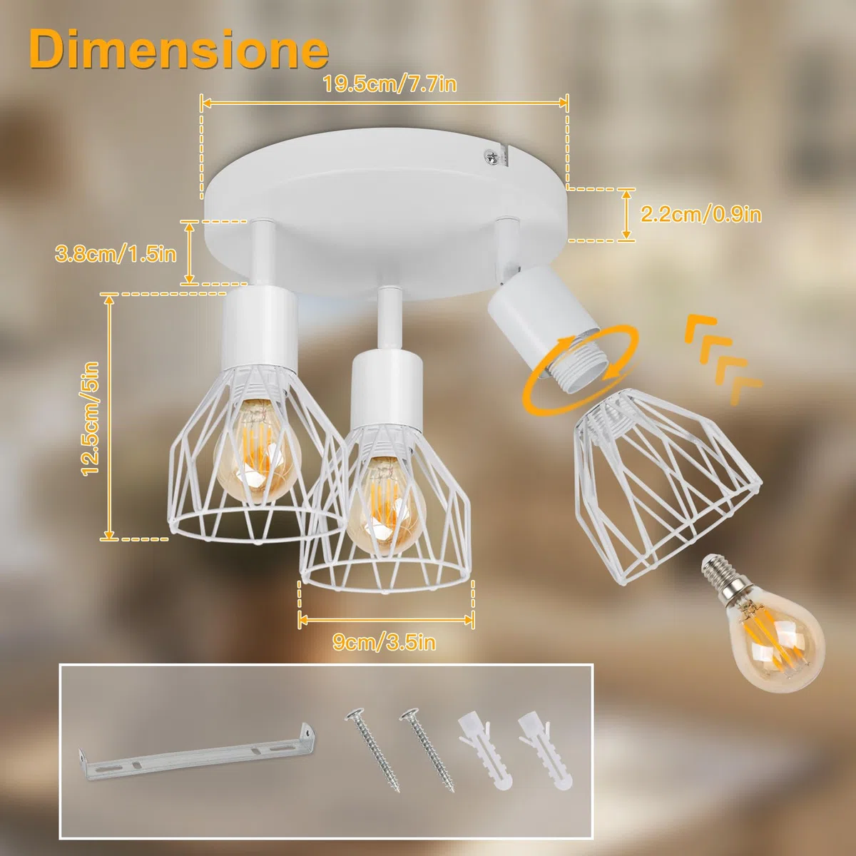 Faretto da Soffitto LED 3 Luci E14 - Lampada da Soffitto Soggiorno Rotonda Bianco - Plafoniera LED Faretto Cucina Moderno Orientabile Camera da Letto - Senza Lampadina