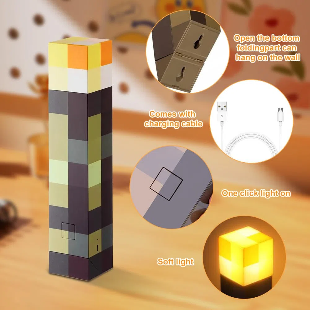 Lampada da Parete Torcia 11 pollici, Ricaricabile, USB per Lampada da Comodino, Lampada mini Craft, LED Mine-cra a Mano/Montaggio a Parete, cameretta dei bambini, soggiorno, gaming (Giallo)