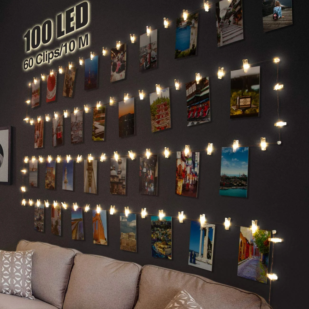 litogo Luci per Foto 10M 100LED Lucine Led Decorative per Interno Camere con Mollette 60 Clip Filo Appendi Foto per Matrimonio Compleanno Bianca Caldo