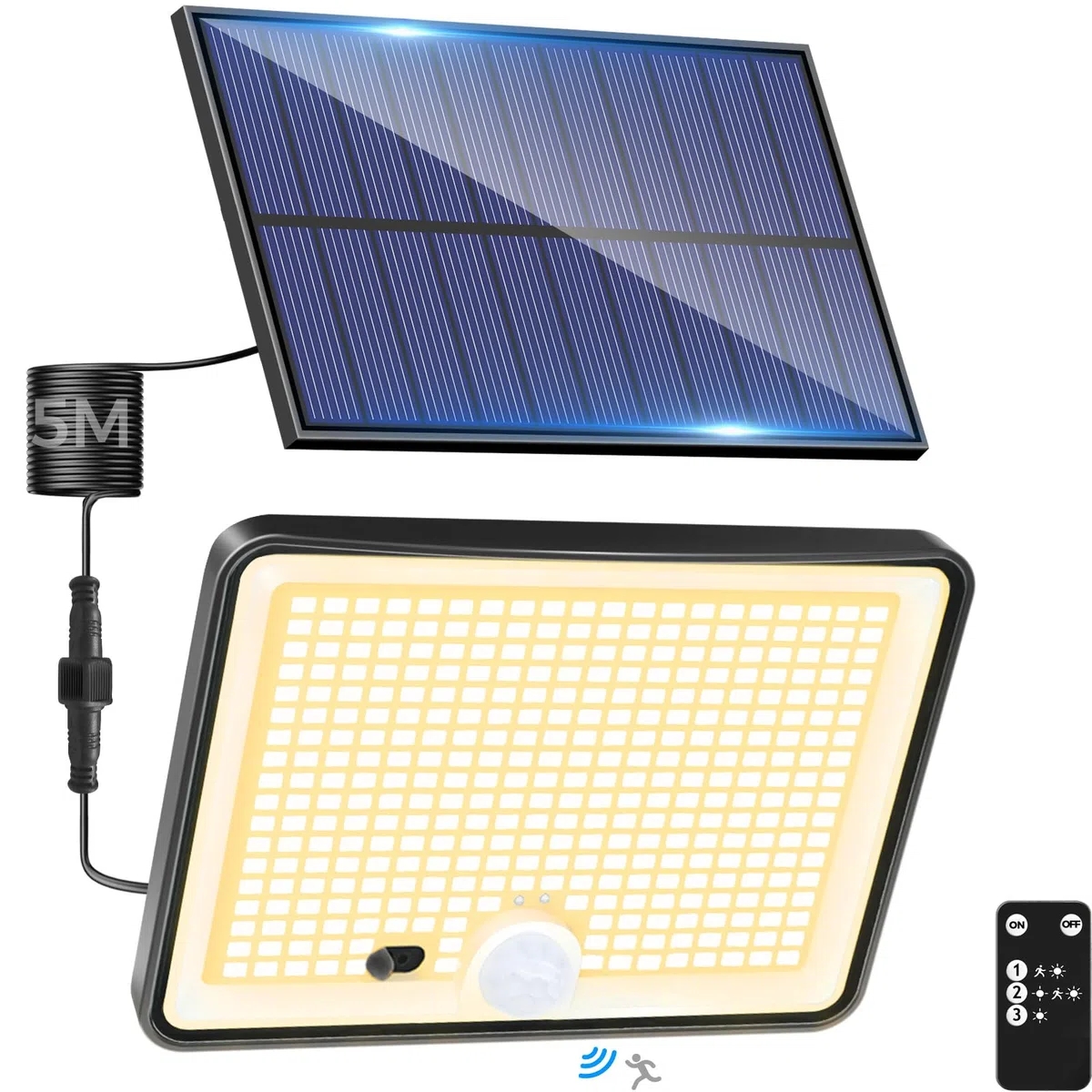 LOTMOS 342 LED Faretti Solari a Led da Esterno, Luce Solare con Sensore di Movimento Impermeabile IP65, 3 Modalità Faretto Led da Esterno Solare con Telecomando per Giardino, Bianco Caldo