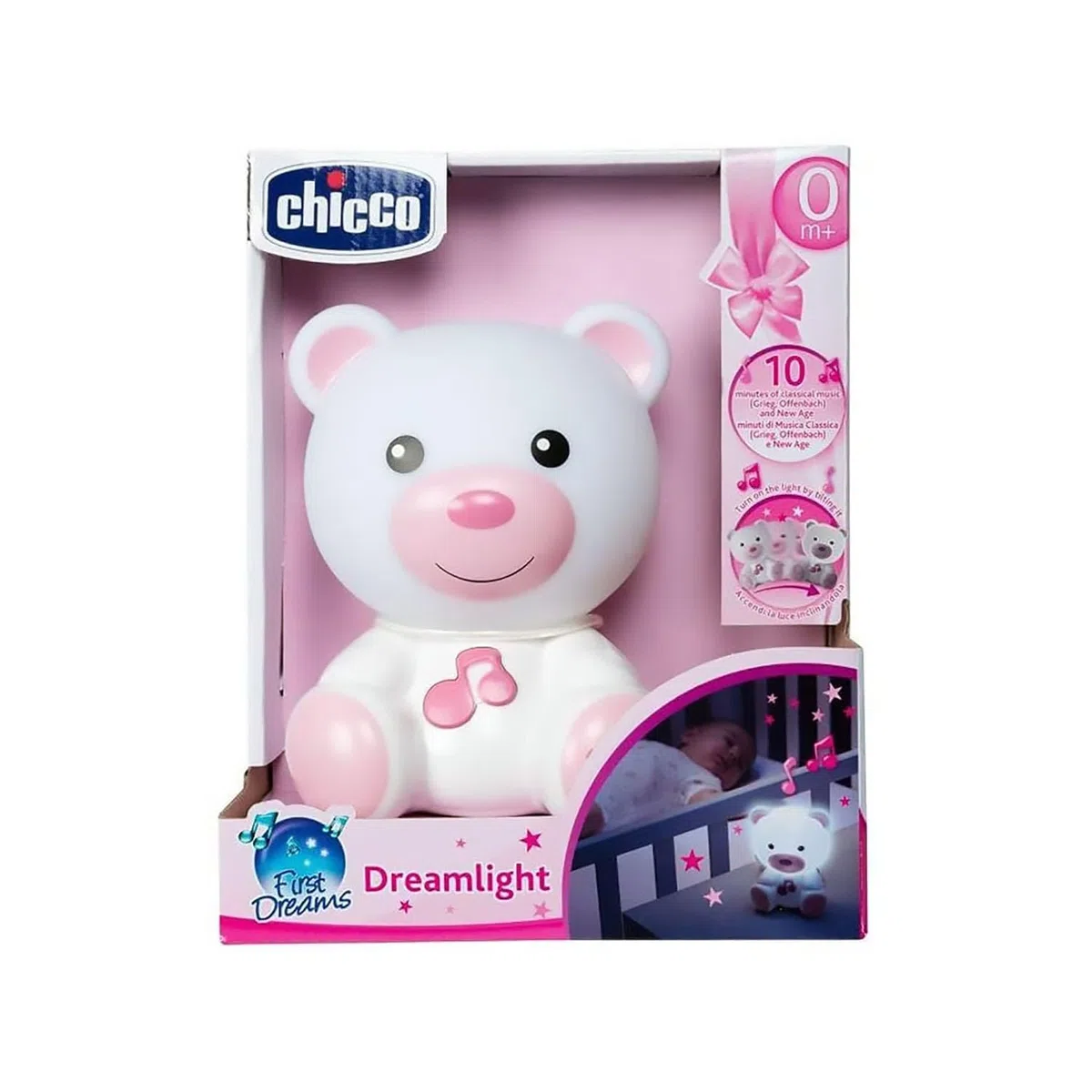 Chicco - Luce Notte e Luce Guida, Lampada Portatile a Forma di Orso con Musica Classica e Suoni Rilassanti, Evolutive, Rosa, 0 mesi +