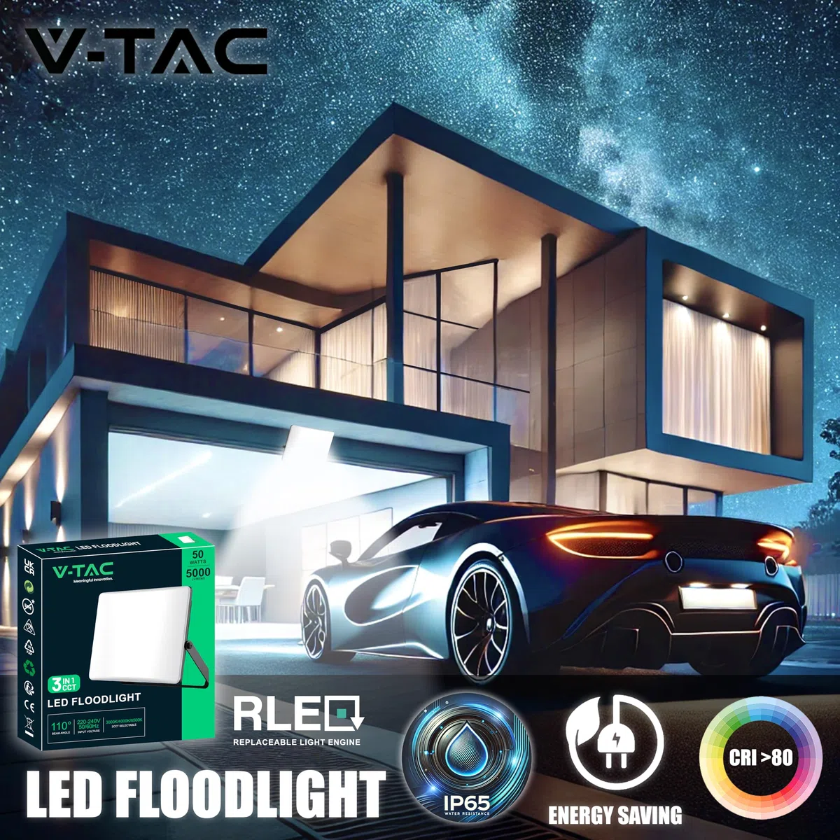 V-TAC Faro LED da Esterno 50W - [Chip Samsung + Tecnologia RLE + Innovativa Copertura in Policarbonato] - Alta Luminosità: 5000 Lumen - IP65 - Faretto LED per Casa, Garage, Magazzino - Luce CCT 3 IN 1