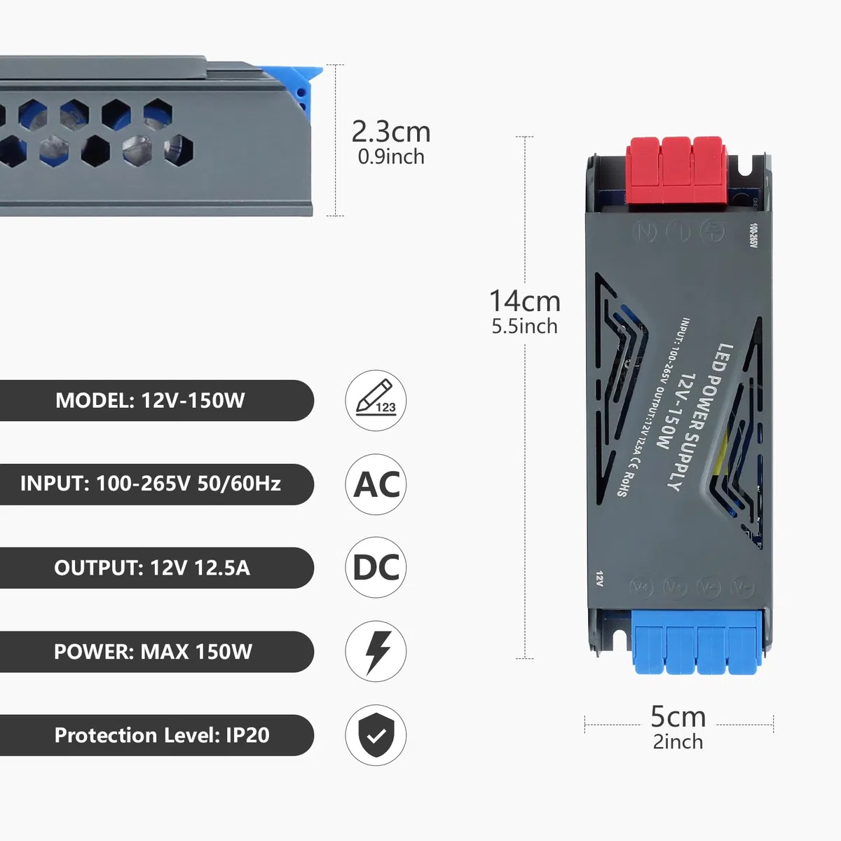 Trasformatore LED 12V 150W 12,5A Ultra Sottile Alimentatore LED Driver AC 220V a DC 12 Volt 150W Trasformatori Adattatore LEDs a Tensione Costante Senza Sfarfallio per LEDs Striscia