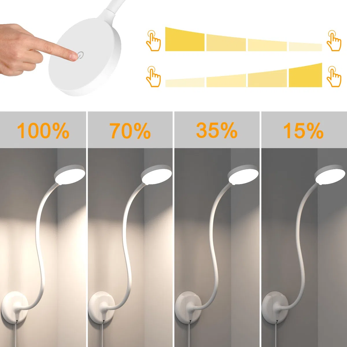 ENUOTEK Lampada da Lettura Bianca, Lampade da Parete con Braccio Flessibile Touch Dimmerabile con Base e Cavo USB da 1.8 Metri, 3 Colori di Illuminazione, Funzione di Memoria