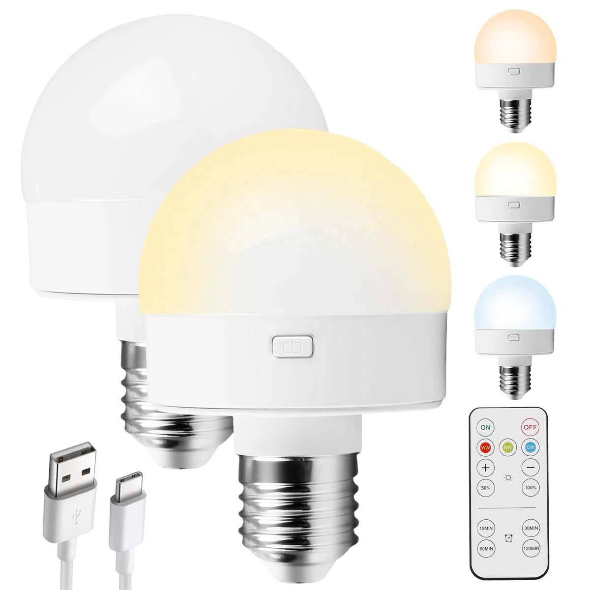 Vegena Lampadina Ricaricabile USB C, 2 Pezzi E27 Lampadina Ricaricabile 3 Colore USB-C Con Telecomando, Lampadina Con Batteria, Lampadina A Batteria Per Interni, Esterni, Campeggio