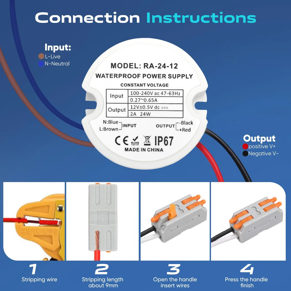Trasformatore LED 220V a 12V DC 24W 2A, IP67 Alimentatore Rotondo Ø48mm con 2 Connettori per LED Interno ed Esterno