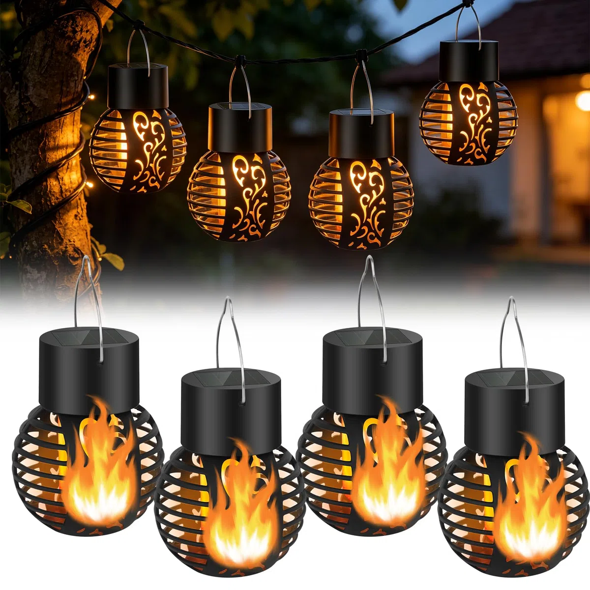 Lampade solari da giardino per esterni, 4 pezzi, a forma di fiamma solare, impermeabile, per esterni, per balcone, terrazza, decorazione da giardino [classe energetica A+++]