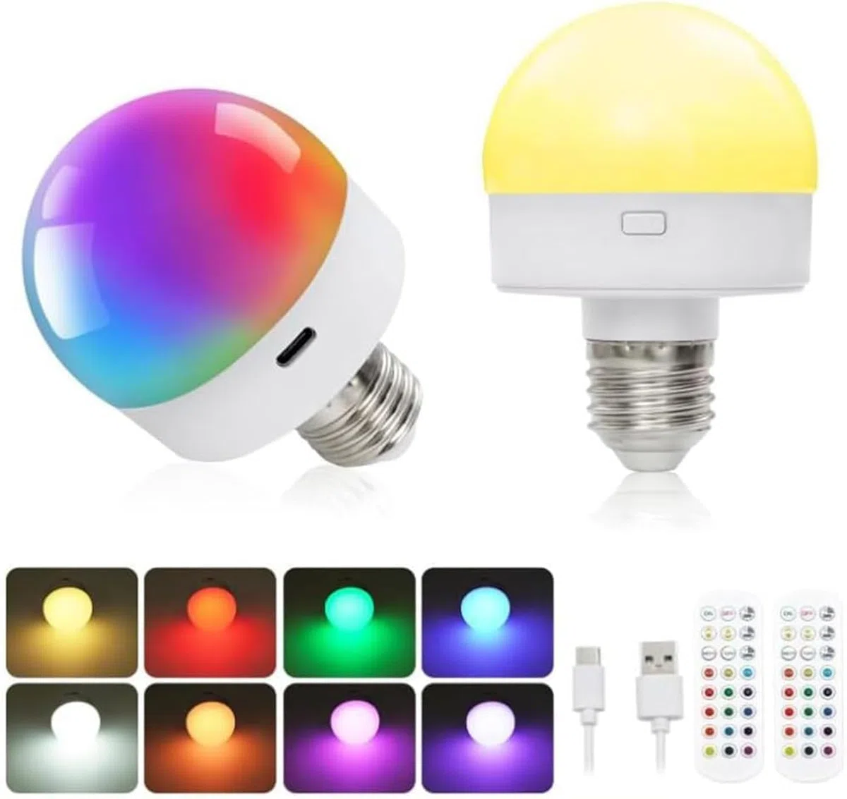 2 lampadine ricaricabili USB C con telecomando, lampadine a batteria da 3 W, 16 colori, dimmerabili, campeggio all'aperto, lampadina di emergenza con portalampada rimovibile E27