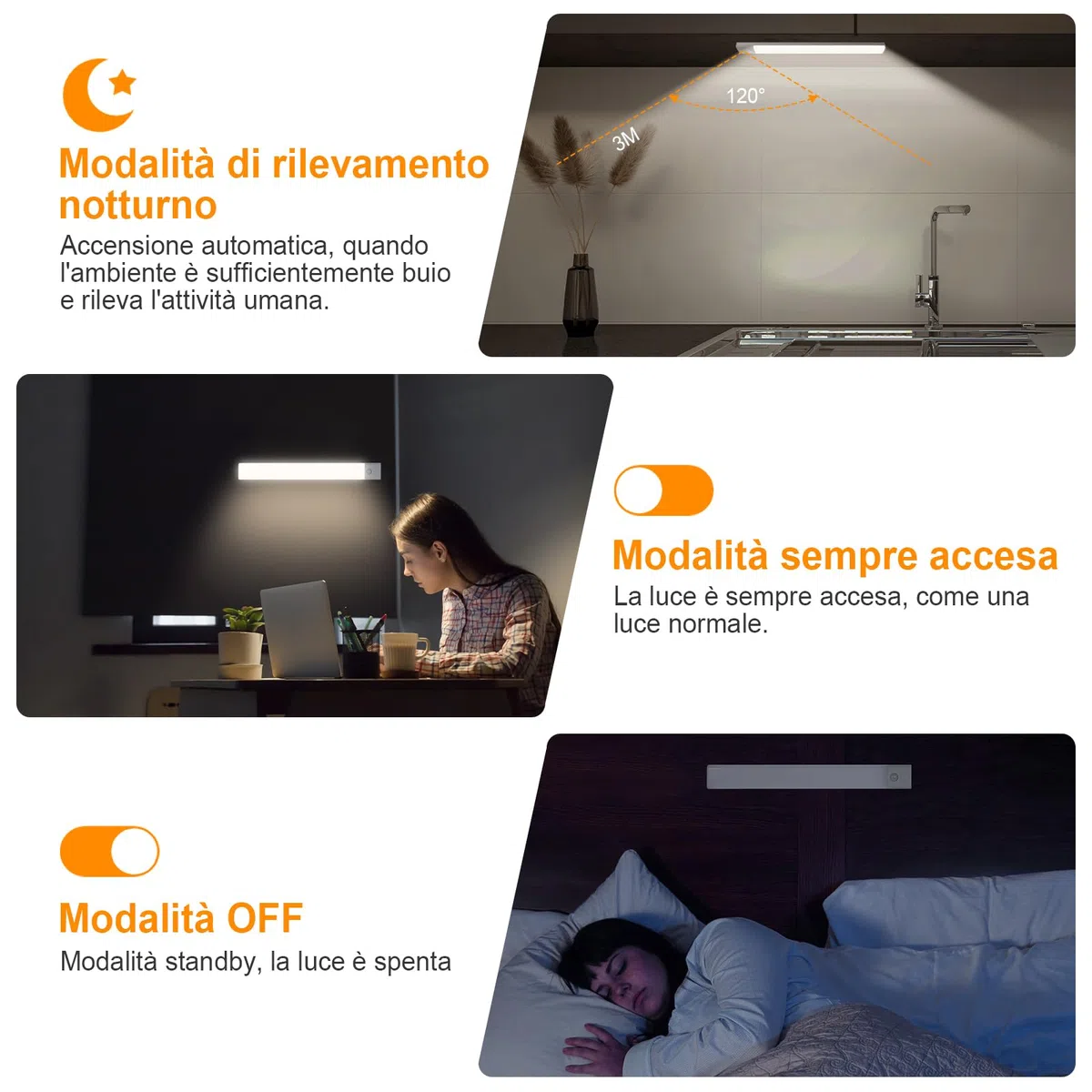 AiQInu Luce Armadio Sensore Movimento, USB Ricaricabile Led Sottopensile, 30cm Dimmerabile Lampada Armadio con Striscia Magnetica Adesiva per Cucina, Scale, Corridoi