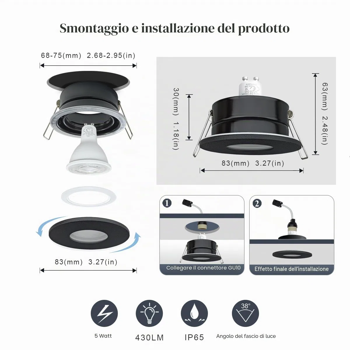 LED Faretti da Incasso IP65, 5W, Faretti da Soffitto per Bagno, Ambiente Umido, per Foro da 68-75mm, GU10, Lampada da Incasso, AC220-240V (Senza Lampada), 1 Pezzo, Nero