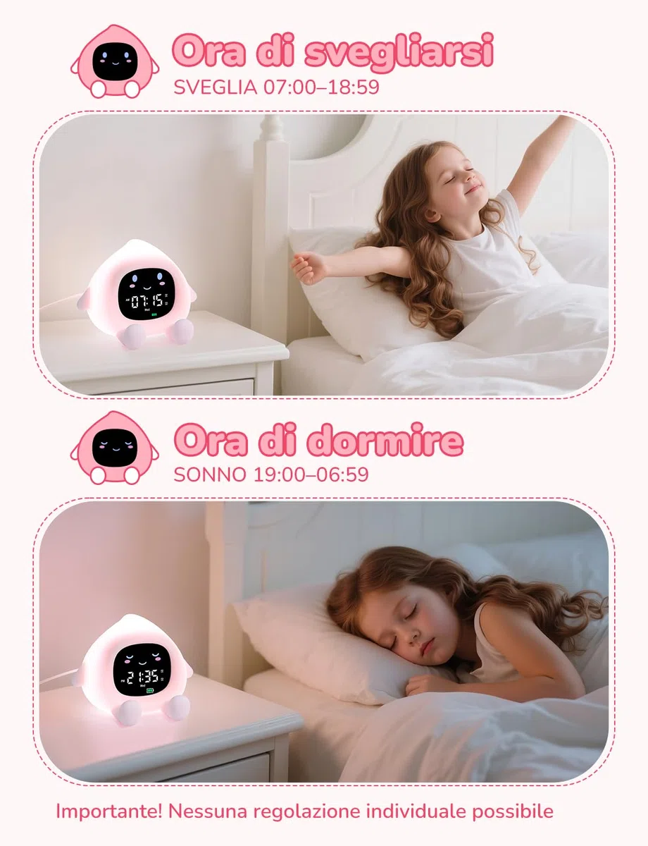 YISSVIC Sveglia Bambini Educativa con 2 Allarmi, Luminosità Regolabile, Formato 12/24h, Snooze e Luce Notturna 7 Colori (30s Auto-spegnimento). Include 10 Melodie e Rumore Bianco