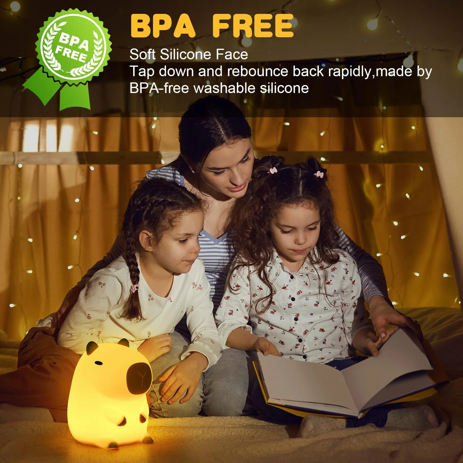 URAQT Capybara Luce Notturna per Bambini, Capybara Lampada Touch Control per Comodino, Ricarica USB e Timer, Dimmerabile Luce Notturna in Silicone, Luce Notturna Neonato Cameretta Bambina Regalo