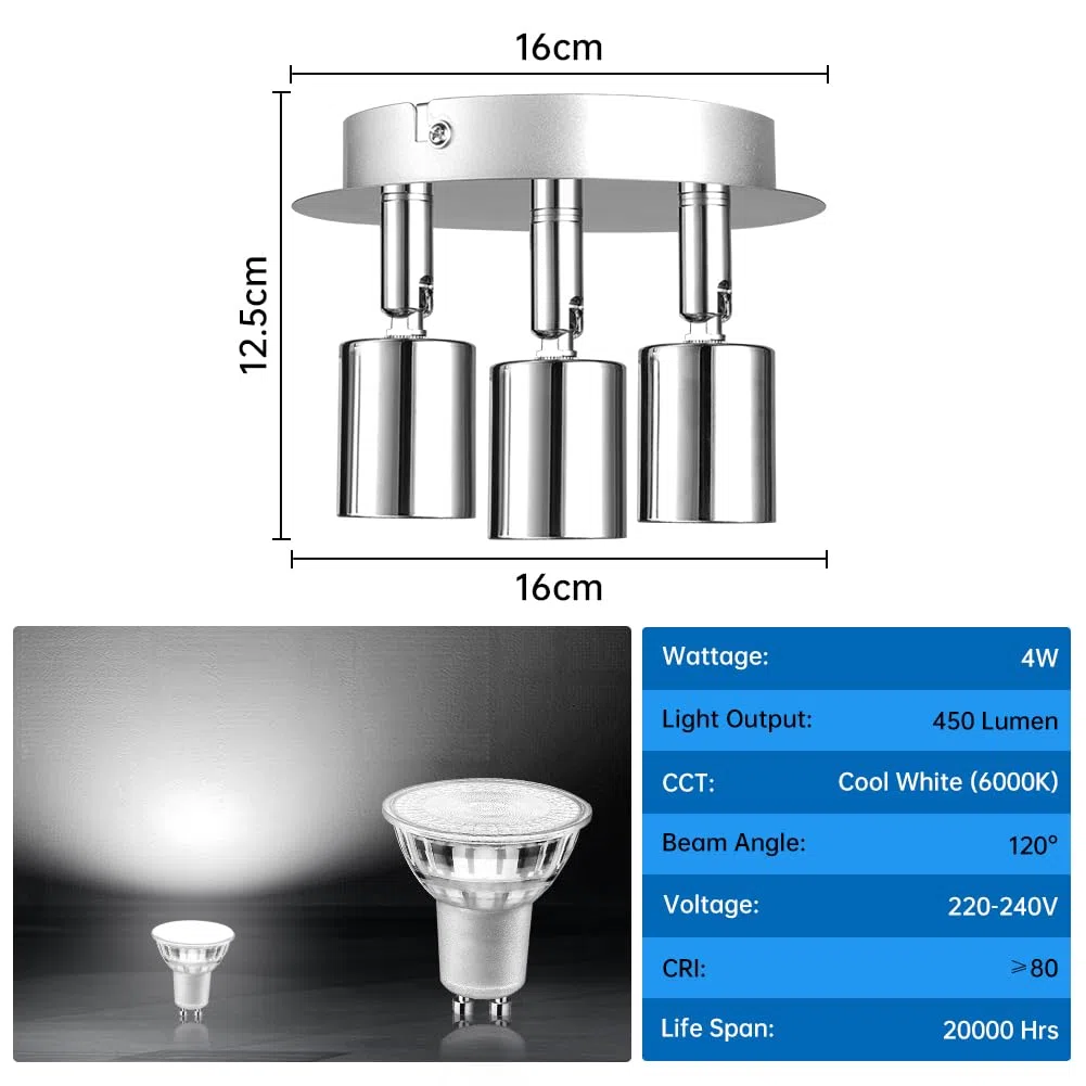 URAQT Faretti da Soffitto Orientabili, Faretti LED da Soffitto con 3 Attacco GU10, Lampadario Faretti LED Soffittos, Moderna Faretto da Parete Interno per Barra, Cameretta, Cucina, Senza Lampadina
