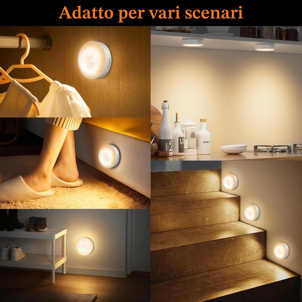 Luci con sensore di movimento per interni, confezione da 6 luci wireless ricaricabili USB per armadietti, luci notturne da parete, funzionamento a batteria, per scale, guardaroba, corridoi, armadi