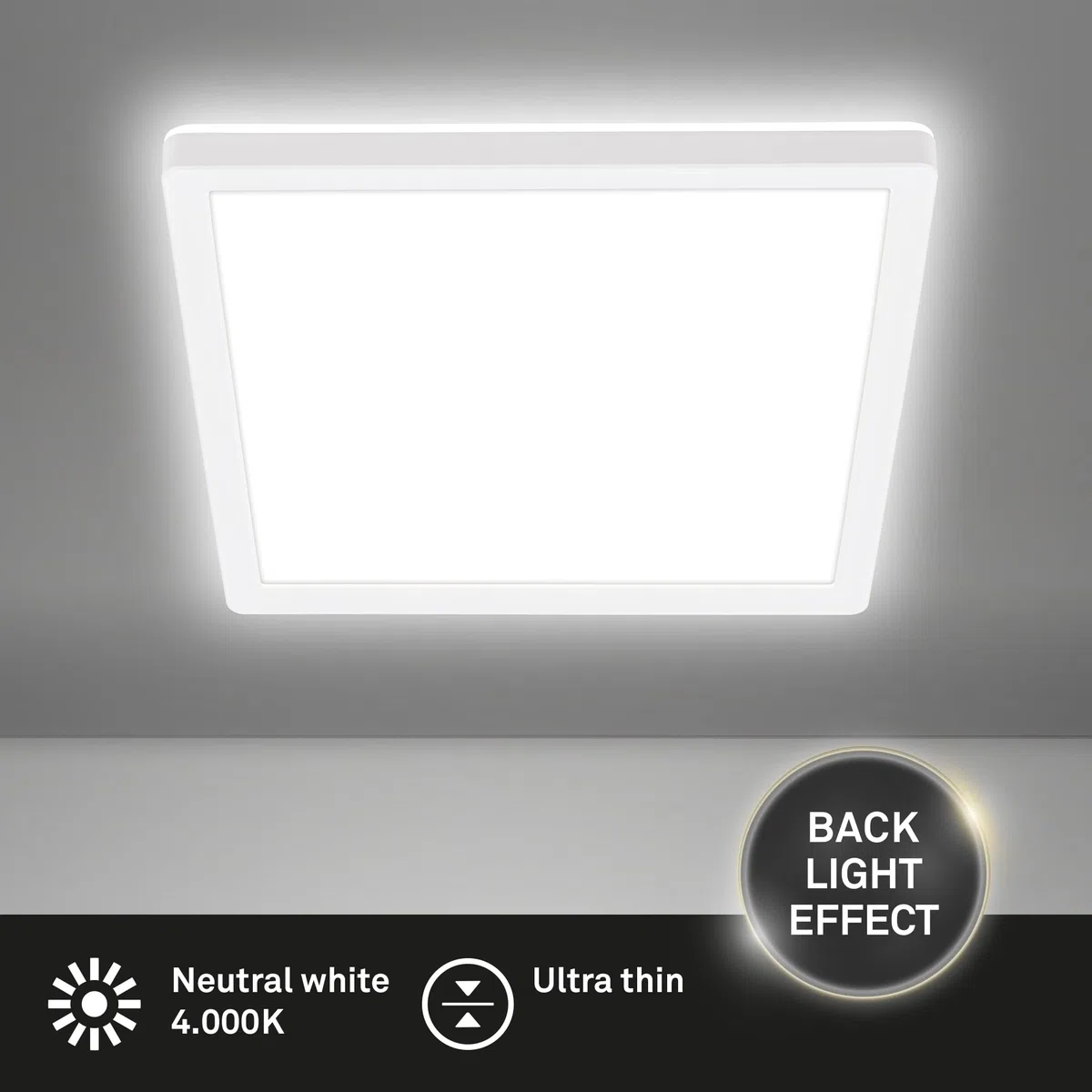 Briloner - Lampada da soffitto a LED, luce indiretta, design piatto e moderno, luce bianca neutra 4000K, lampadario da soggiorno, plafoniera da cucina, 24x24x3 cm, colore bianco opaco