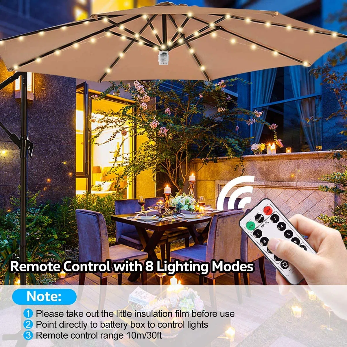 Illuminazione per ombrellone, catena di luci a LED per ombrellone da giardino, protezione IP68, strisce luminose LED (8 fili x 1,3 m, 3000 k)