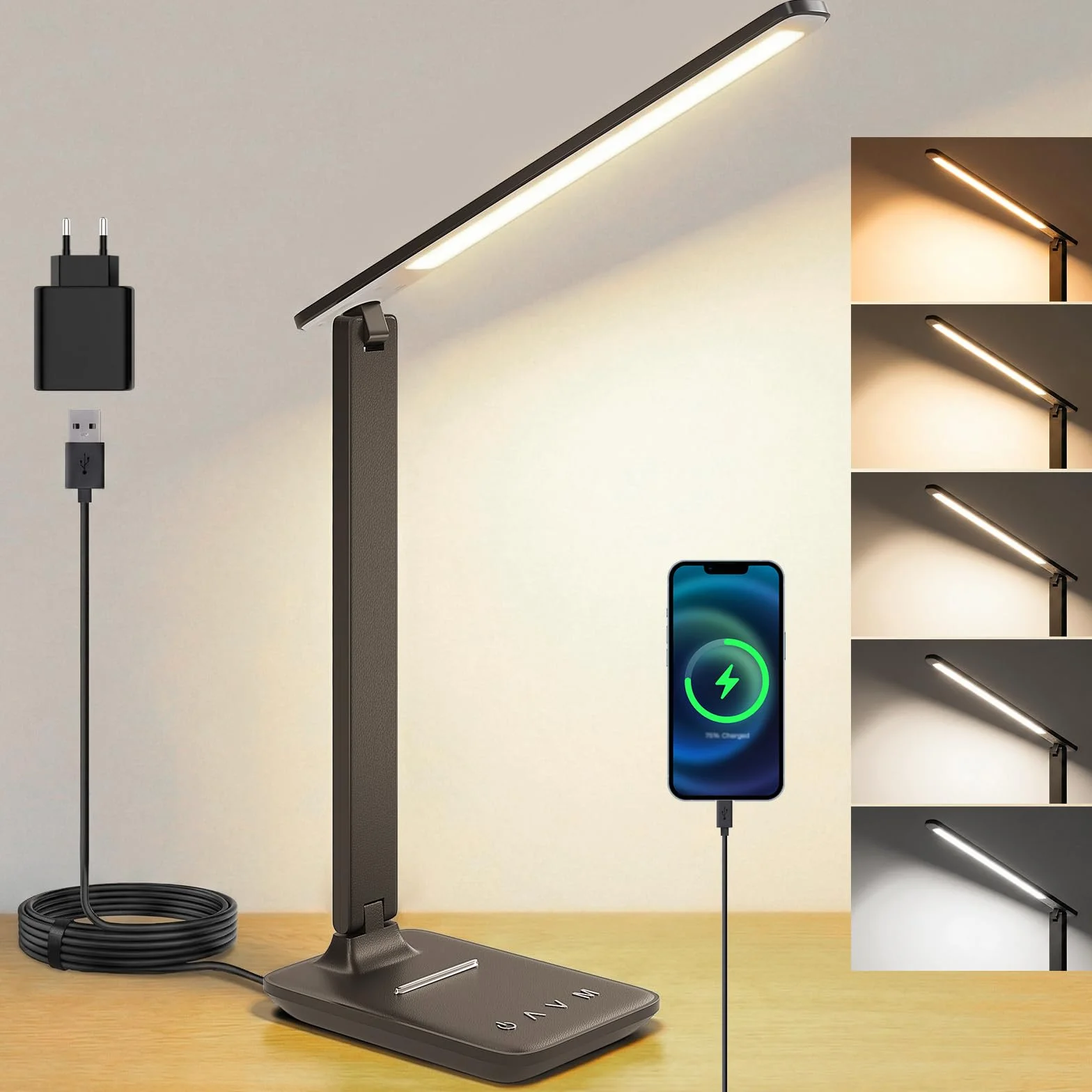 Lampada Da Scrivania LED, Lampada Da Comodino Dimmerabile Con Luce Delicata Per Gli Occhi E Porta Di Ricarica USB, 5 Modalità Di Luce E 5 Livelli Di Luminosità, Luce Da Lettura Per Studio