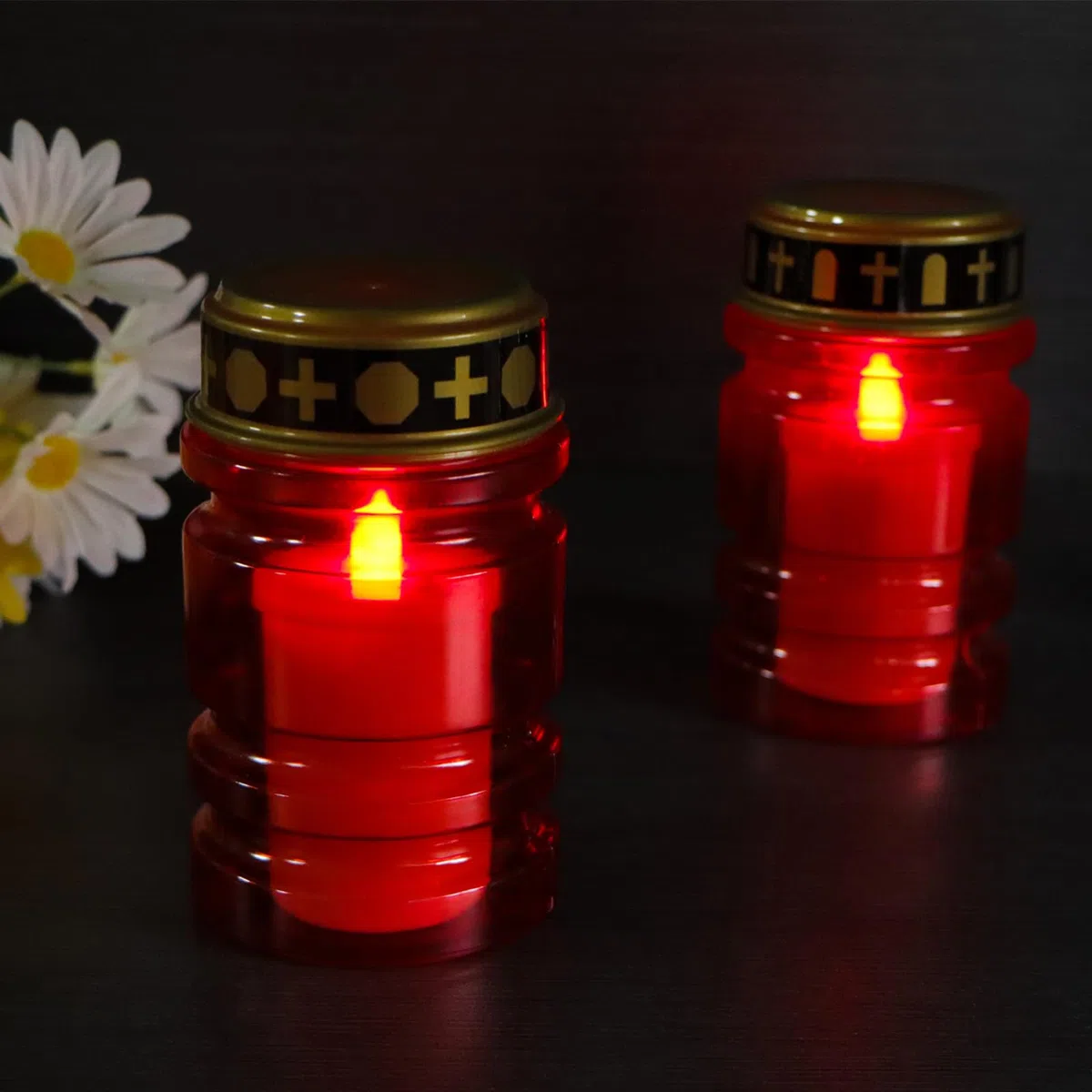 Candele funerali a LED rosse, 4 pezzi, IP44, impermeabili, per esterni, con effetto tremolante, a batteria, per cimitero, senza fiamma