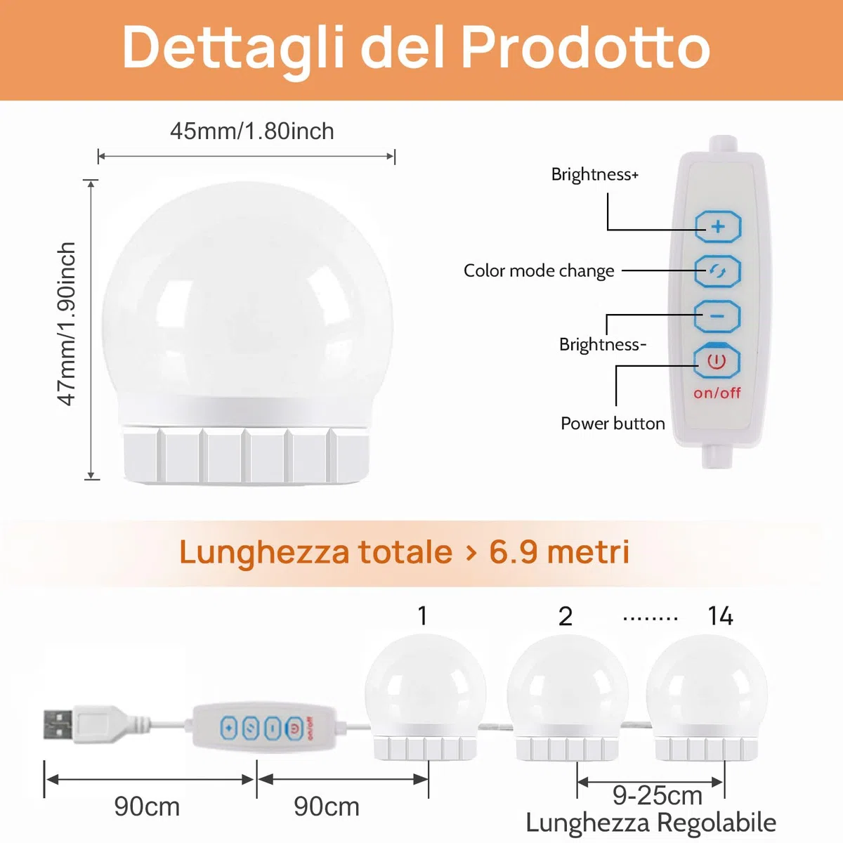 Akynite Luci Hollywood 14 Lampadine per Specchio Trucco, Filo Perfettamente Nascosti, 3 Colori e 10 Intensità Regolabile, Luci Make Up da Trucco Adesive, Kit Luce LED Specchio Camera da Letto