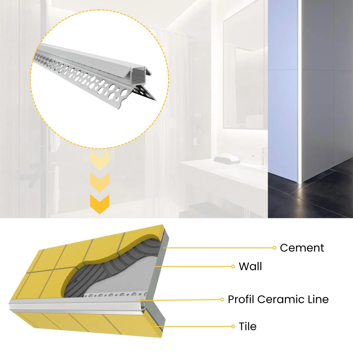 Evotrade Profilo Per Piastrelle Ceramic Line Con Canalina Per Illuminazione Led Barre 2m Incasso A Scomparsa + Cover Luce Continua (Angolo Esterno)