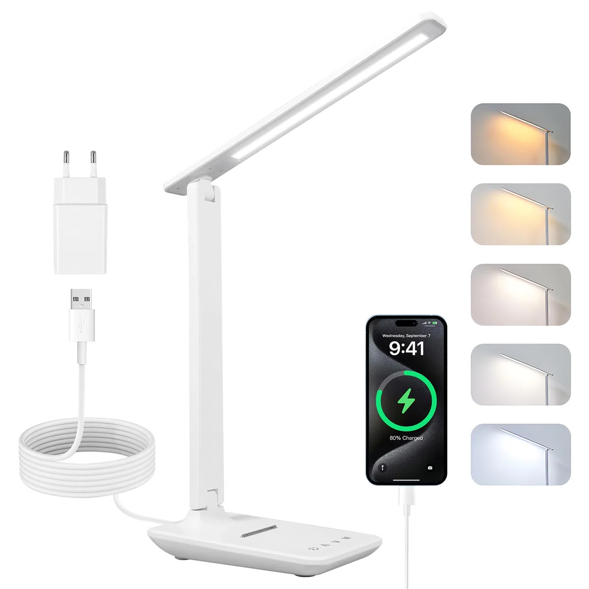 Carehabi Lampada da scrivania a LED, dimmerabile, lampada da tavolo a LED con 5 colori e 5 livelli di luminosità, lampada da lettura con porta di ricarica USB, controllo touch per bambini, camera da