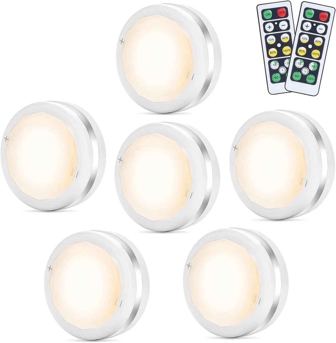 luci a LED per armadietto, confezione da 6 Bianco caldo,5 Perle LED Lampada,senza fili, con 2 Telecomando,telecomando per Vetrine Credenza Guardaroba Corridoio Cucina