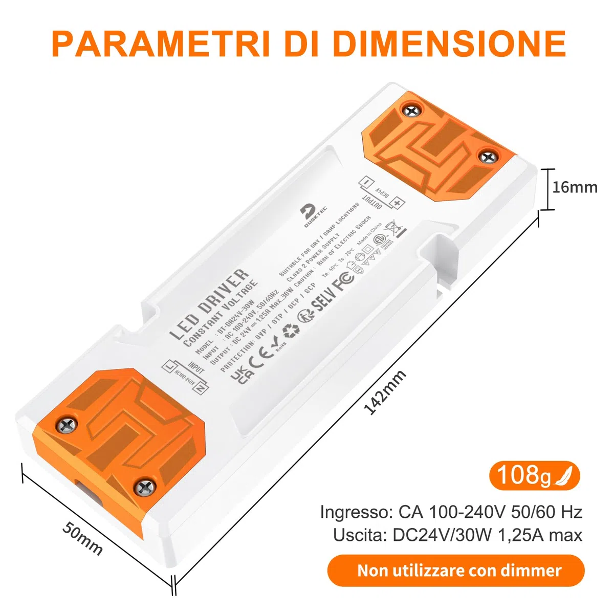 DUSKTEC Driver led da 24 V, 30 W, 1,25 A, trasformatore a bassa tensione AC 240 V a CC 24 Volt, alimentazione a tensione costante per strisce LED G4 MR11 e MR16, 142 x 50 x 16 mm