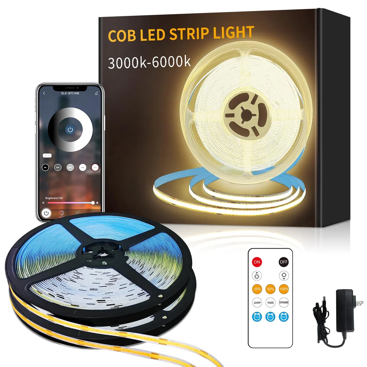 COB - Striscia LED LED 100 piedi bianco caldo strisce LED 3000K con telecomando e applicazione, luci LED COB dimmerabili 24V per camera da letto, TV, specchio, armadietto,