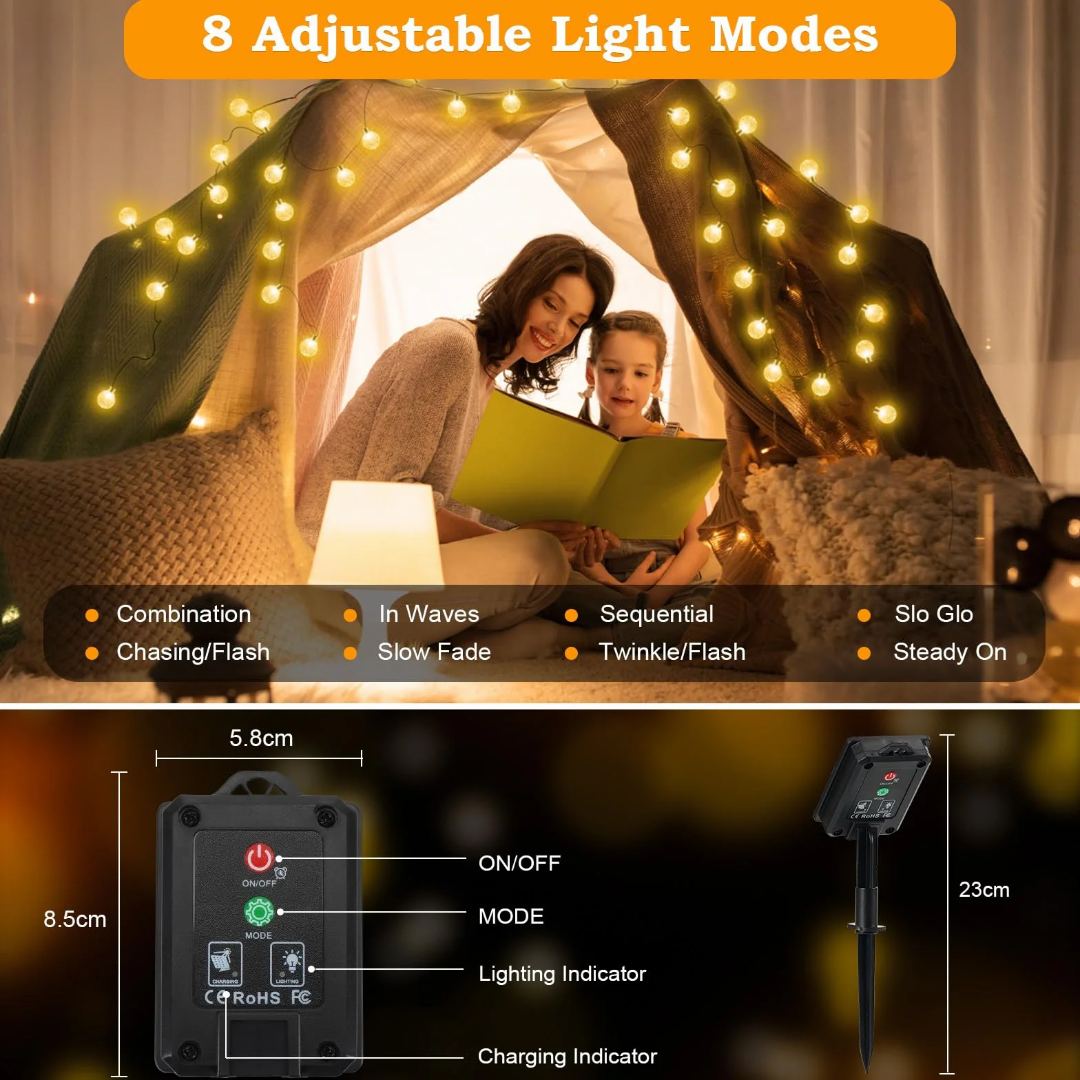 Realky Catena Luminosa Solare da Esterno 100 LED 18m, Luci Solari da Giardino con 8 Modalità e Funzione Memoria, IP65 Impermeabile, Luci Decorative per Terrazzo, Balcone, Gazebo, Festa (Bianco Caldo)