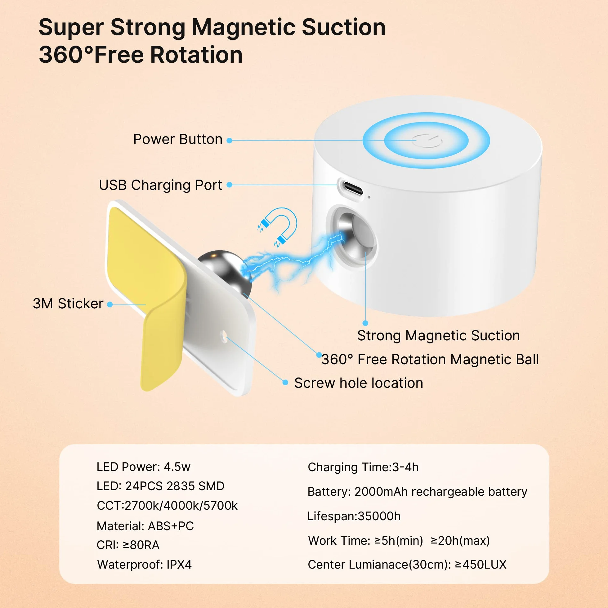 Mexllex Lampada da parete per interni, lampada da parete con ricarica USB a batteria, 3 colori e 3 livelli di luminosità Luce da parete 360° rotante Touch Control Luci da parete senza fili
