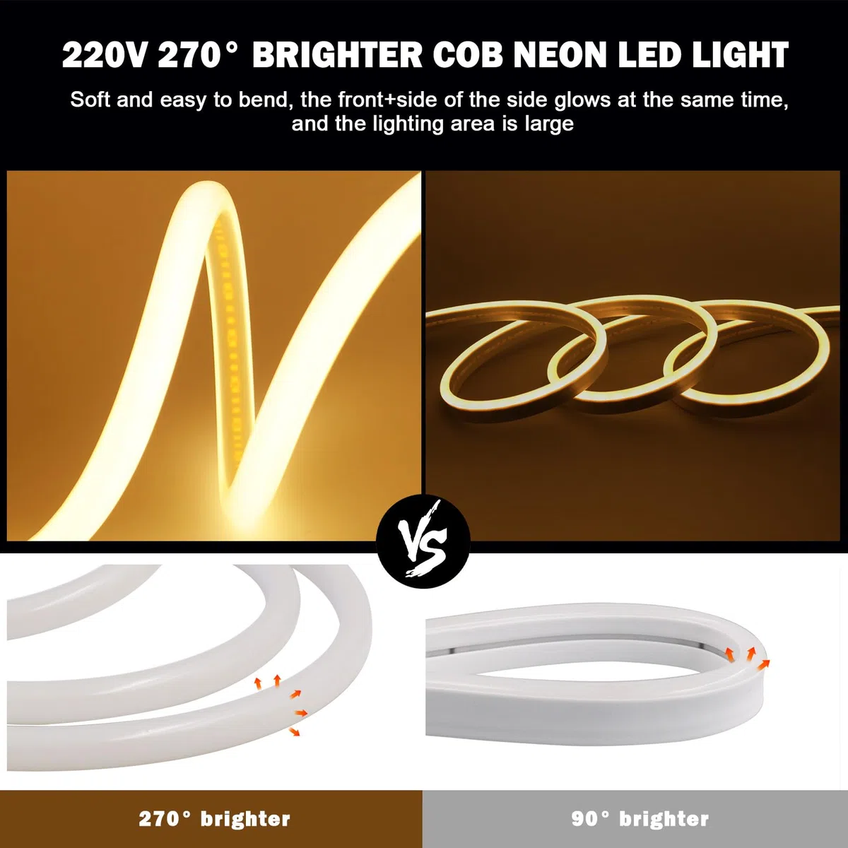 Striscia LED COB 220V, flessibile impermeabile IP65, striscia neon LED FCOB 288 LED/m CRI90+, tagliabile ogni 50 cm, illuminazione luminosa a 270° [2M, luce bianca 6000-6500K]