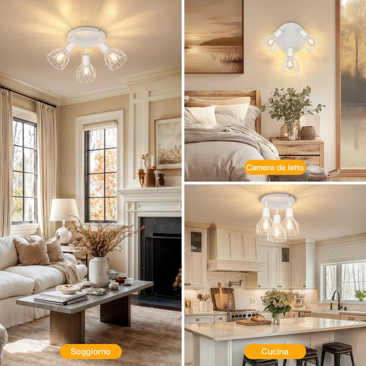 Faretto da Soffitto LED 3 Luci E14 - Lampada da Soffitto Soggiorno Rotonda Bianco - Plafoniera LED Faretto Cucina Moderno Orientabile Camera da Letto - Senza Lampadina