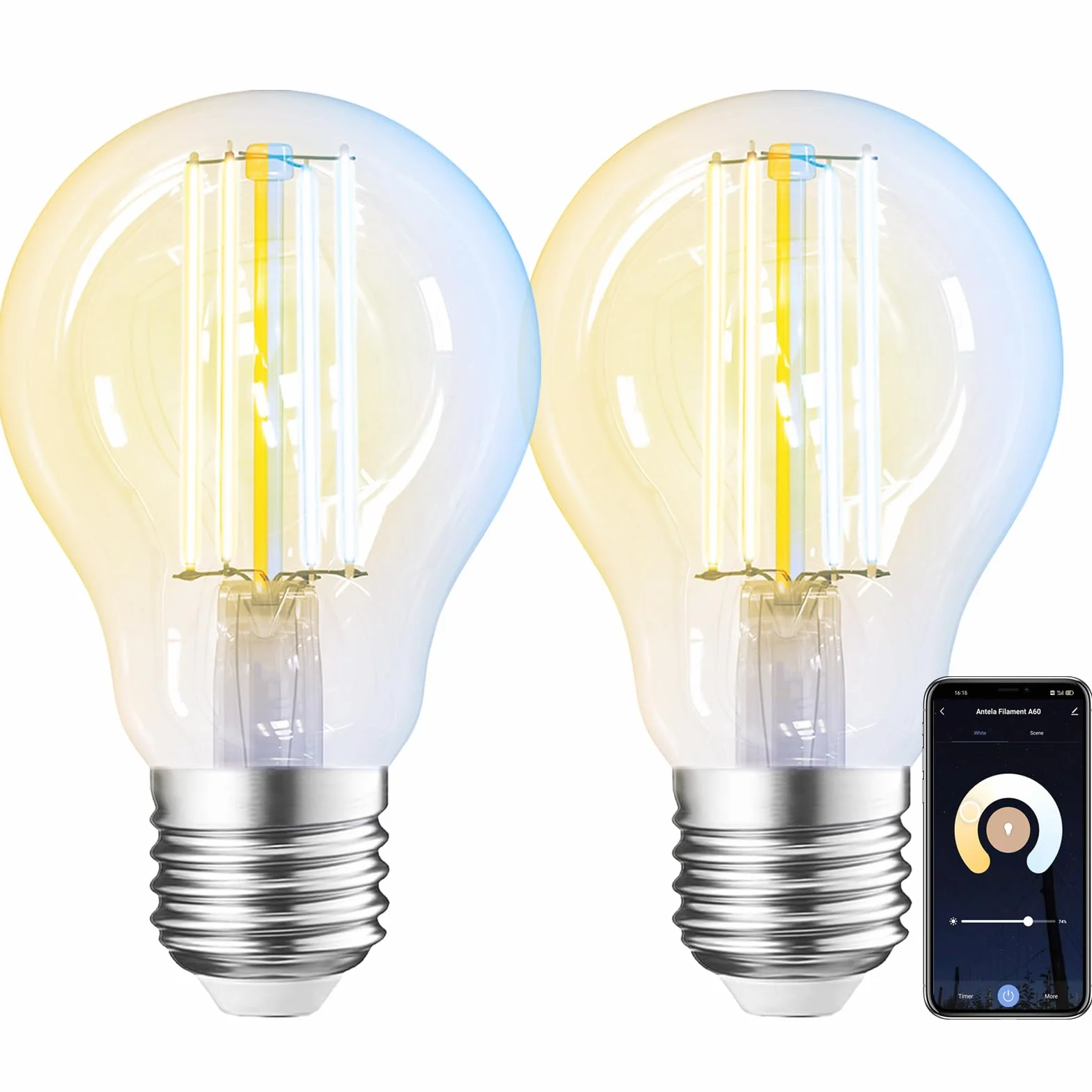 ANTELA Lampadine Alexa Inteligente Filamento, Lampadina Intelligente Wifi E27 7W LED 2700K-6500K Bianco Freddo/Caldo, Compatibile con Alexa/Google Home, Controllo Vocale, Controllo APP, 2Pezzi