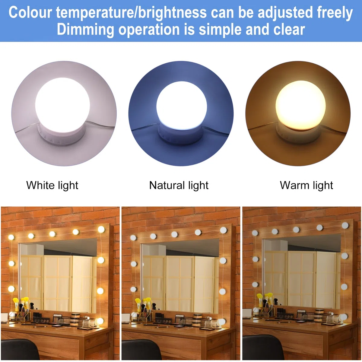 NVIYAM Luci Specchio da Trucco 10 LED Hollywood 3 Modalità Colore USB per Cosmetica e Bagno