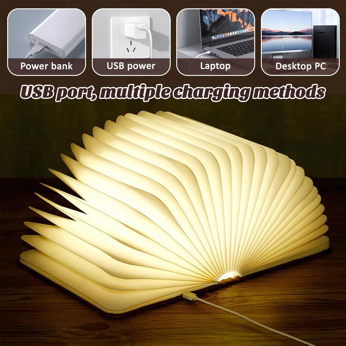 Lampada da Libro in Legno, Lampada a libro pieghevole, Lampada Da Libro A LED, Lampada a Forma di Libro Led Pieghevole in Legno, Regalo divertente per lettori, Regalo di Compleanno