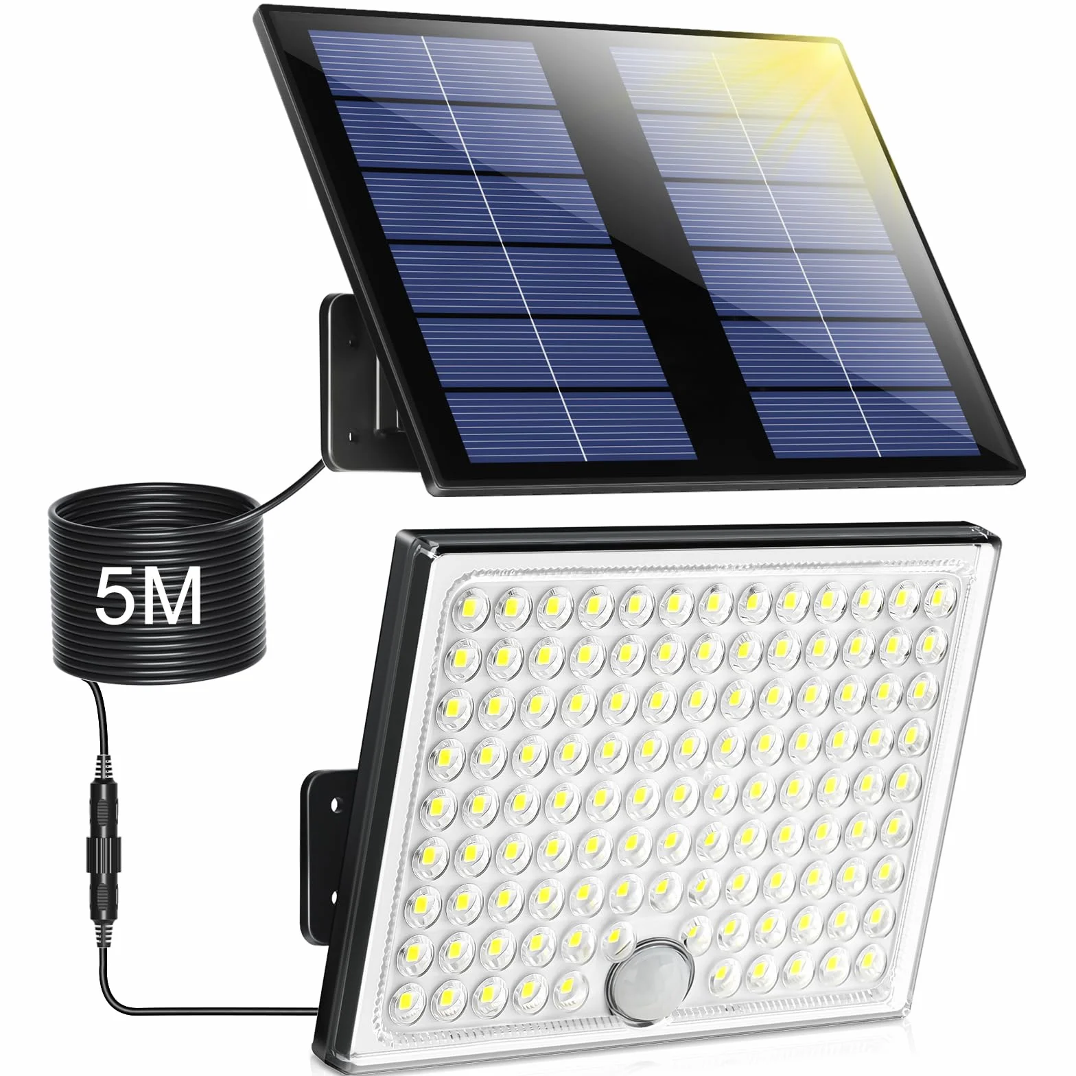 Lampada Solare da Esterno, Faretto Led da Esterno con Sensore di Movimento, Luce Solare Led Esterno con Pannello Solare, 113 LED 2000mAh 4 Modes Lampioni Luci Solari da Giardino con 5M Cavo, 1 Pezzo