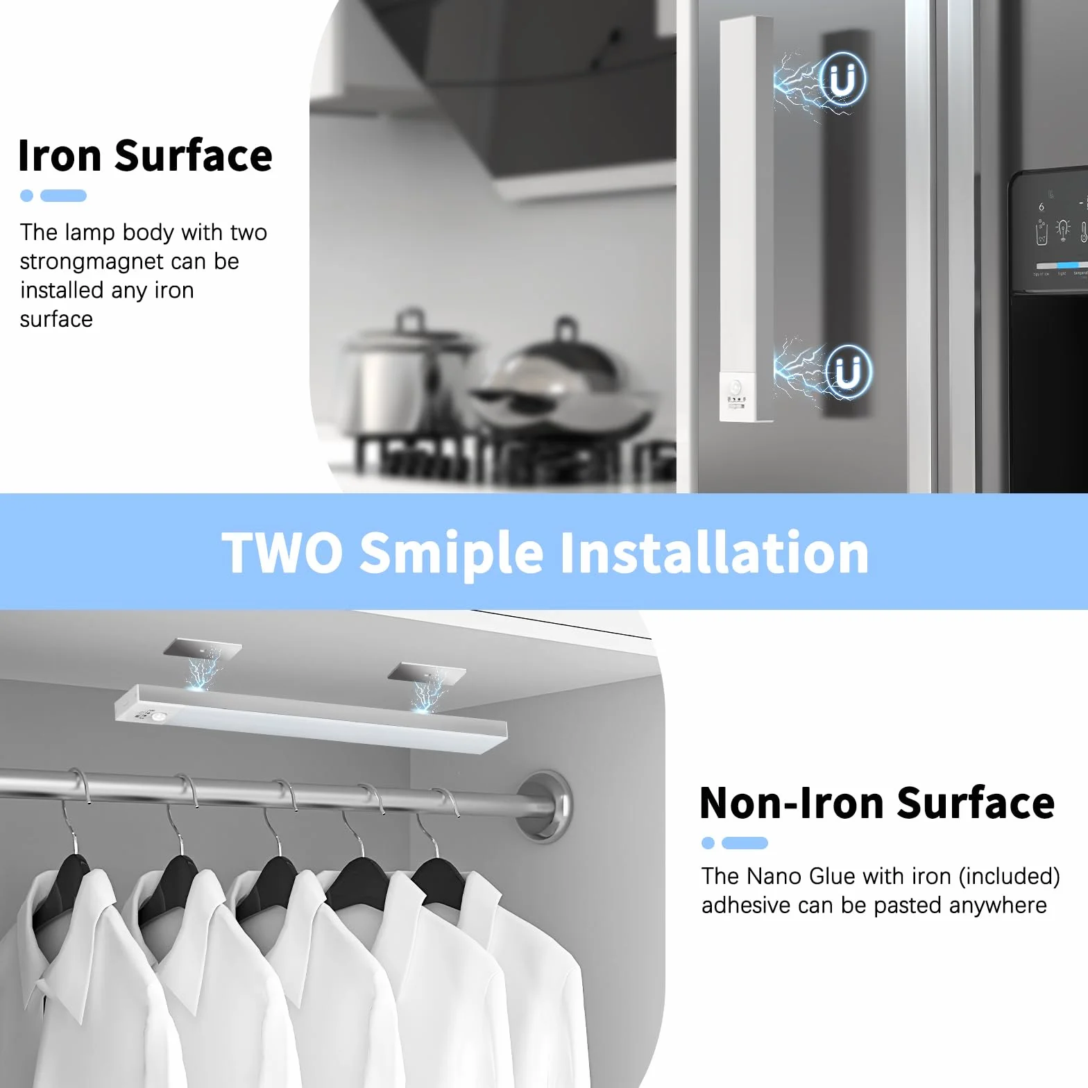 OUILA Luce Armadio LED con Sensore di Movimento Luci Notturna 36 LED 4 Modalità Lampada Guardaroba Luce da Esposizione 1000mAh USB Ricaricabile Cucina, Scale, Corridoio, Garage - 23cm*2 Pezzi