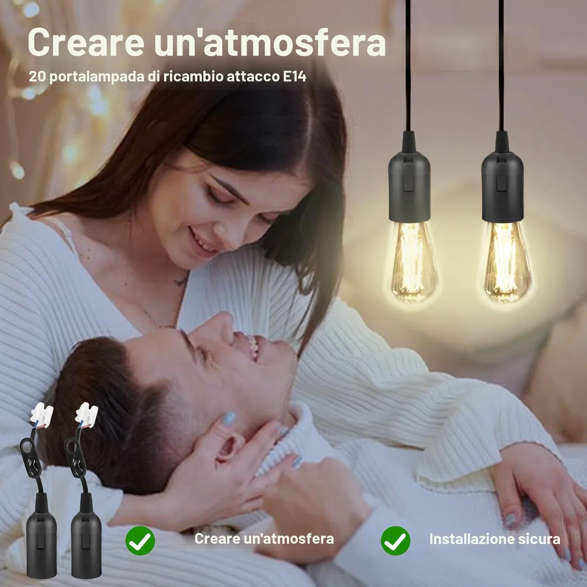 HOSPAOP Portalampada E14, 20 pezzi, con cavo, attacco E14, per ristrutturazione, con 1 tester di tensione VDE, colore nero