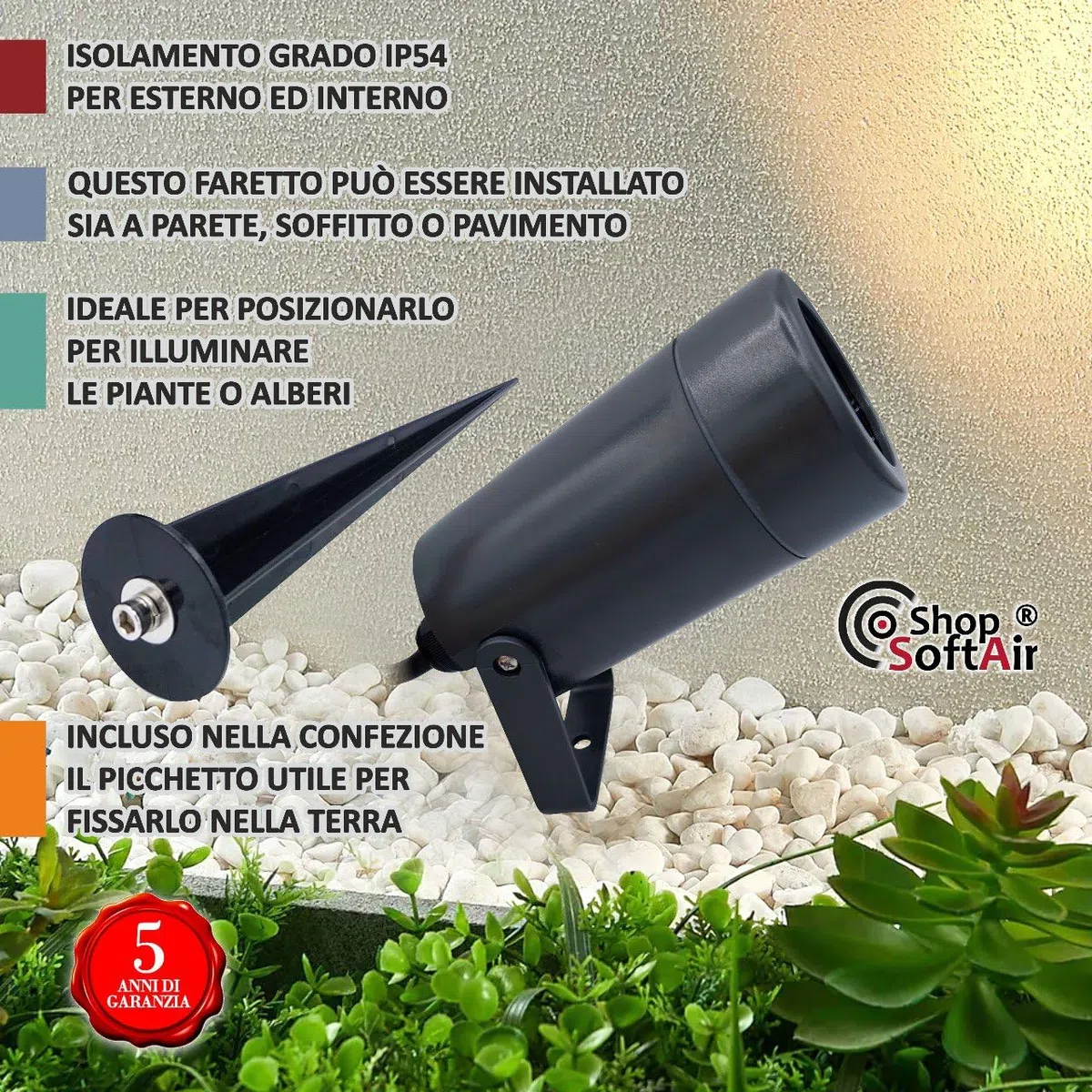 Faretto Led da Giardino Proiettore Nano con Picchetto Parete Muro Terra per Esterno Bianco Antracite per Lampada Gu10 in Abs resistente alla Salsedine (E-NANO BIANCO)