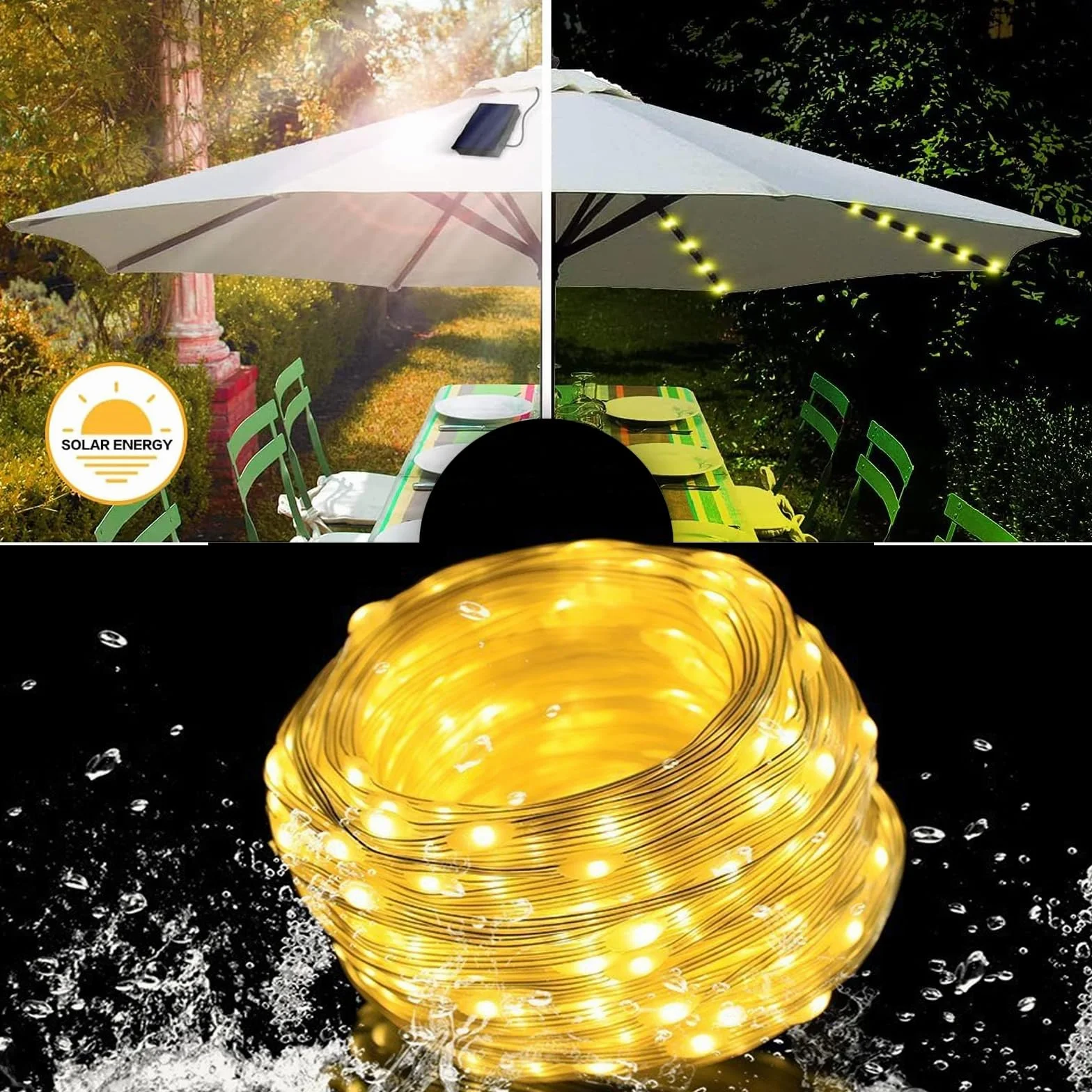 Asfrode Illuminazione solare per ombrellone, 104 LED, luci da giardino impermeabili, 8 modalità, funzionamento a batteria, catena luminosa con telecomando